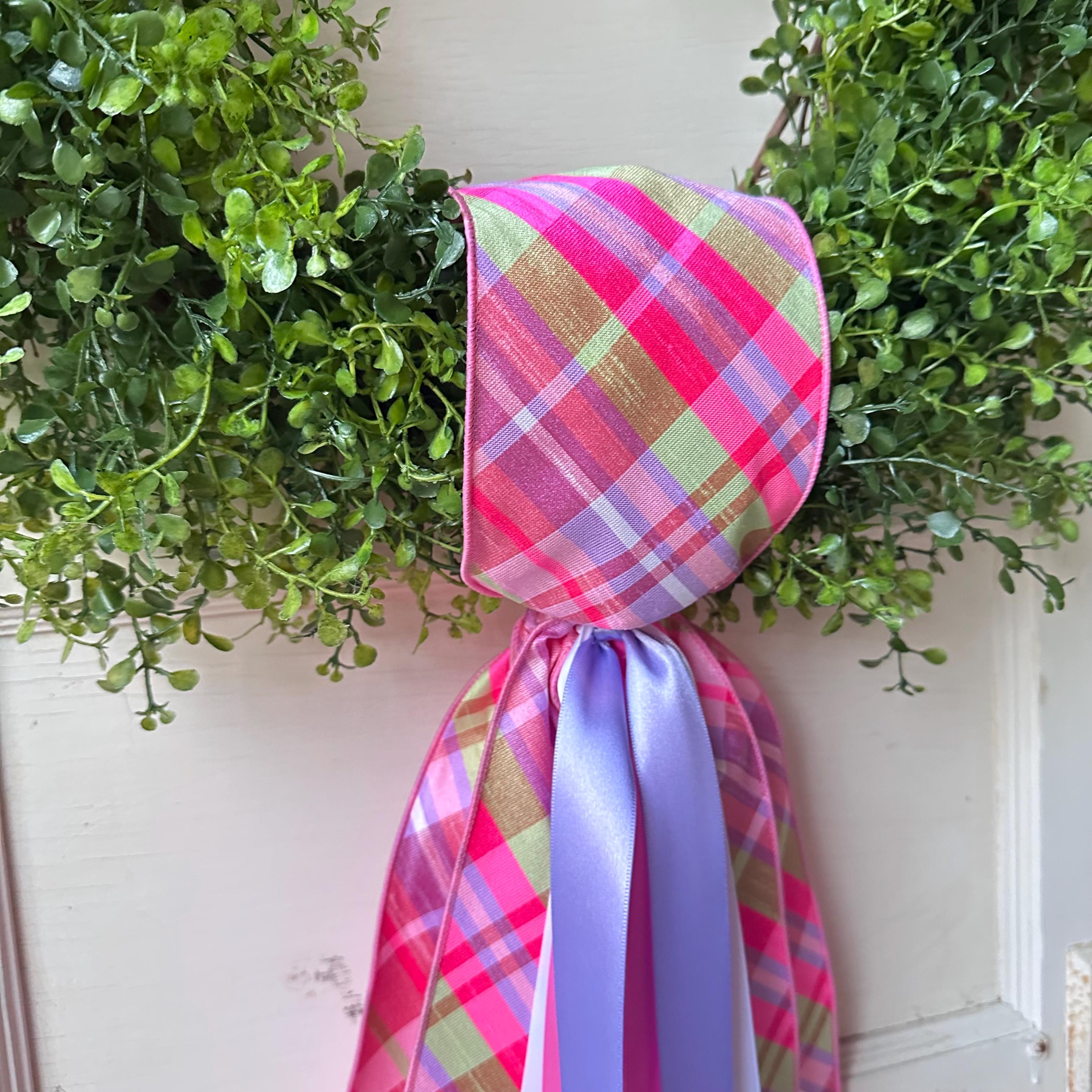 Spring Pink Plaid Wreath Sash for Front Door, Pastel Ribbon Wreath Tie, Easter Door Decor, Boxwood Wreath Accent, Front Door Decor