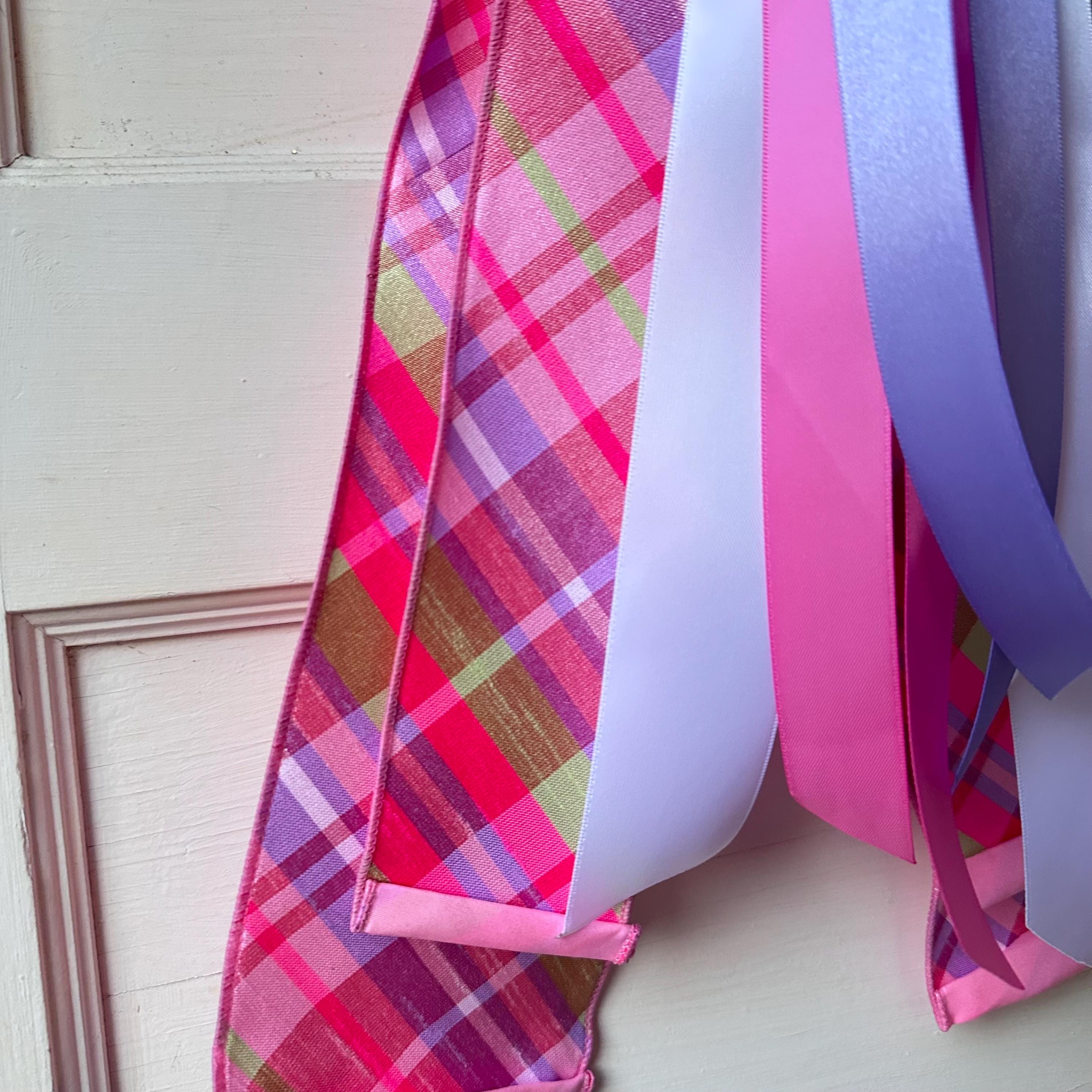 Spring Pink Plaid Wreath Sash for Front Door, Pastel Ribbon Wreath Tie, Easter Door Decor, Boxwood Wreath Accent, Front Door Decor