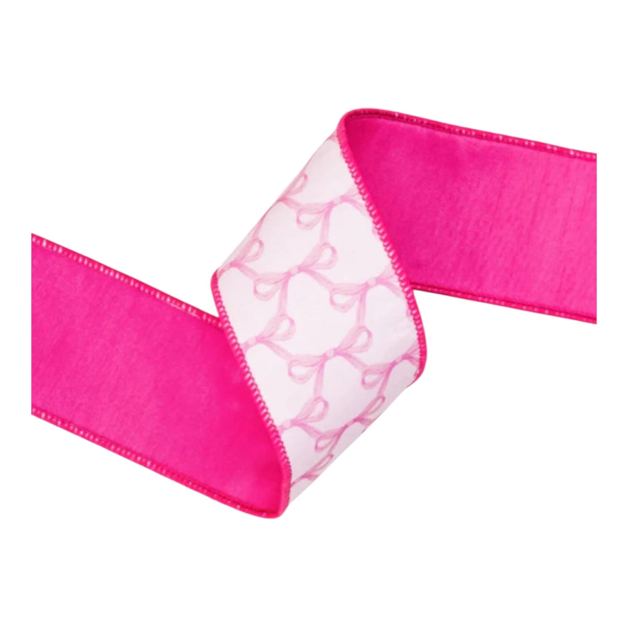 Pink Bow Ribbon, 2.5” Wired Dupioni, White & Pink
