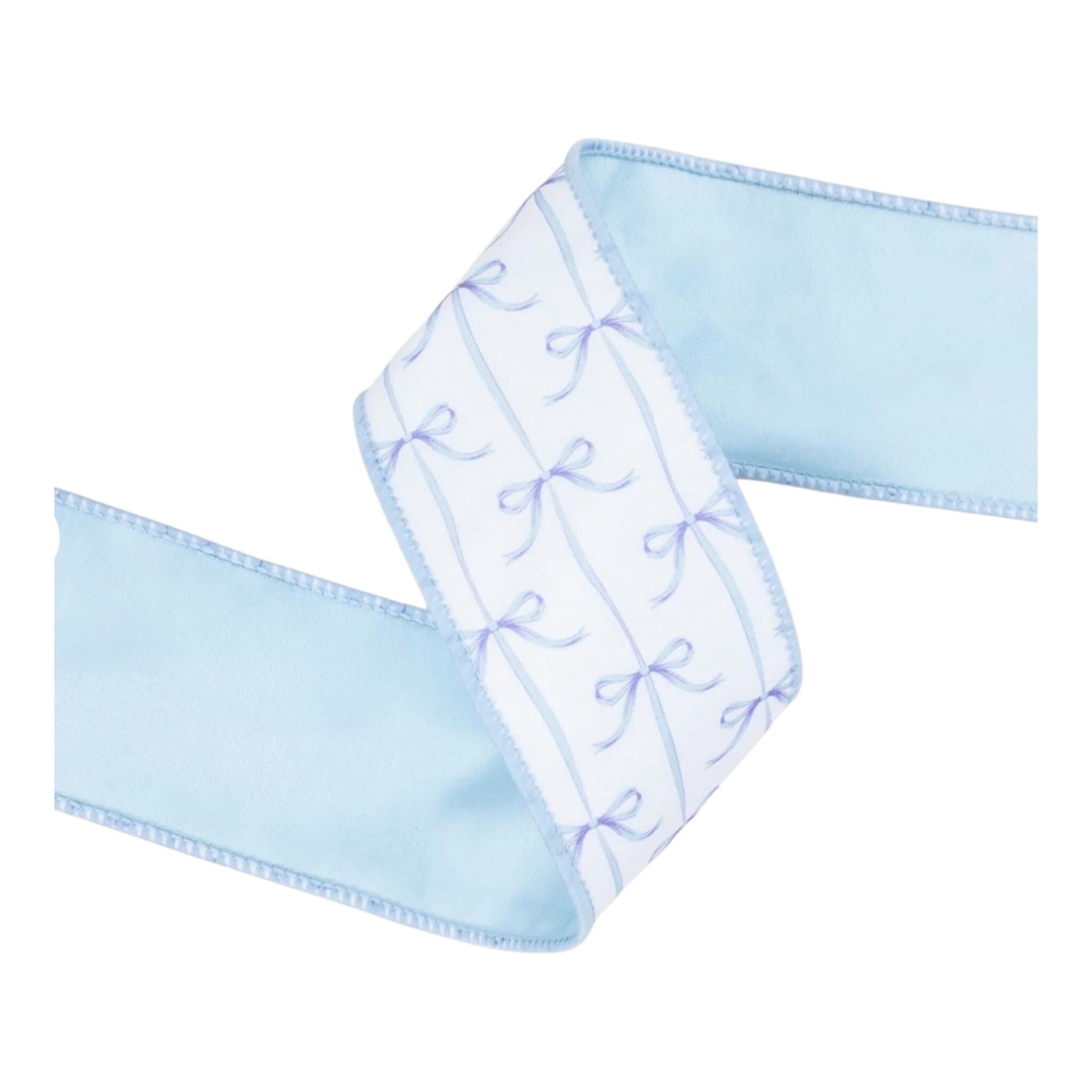 Blue Bow Ribbon, 2.5” Wired Dupioni, White & Blue