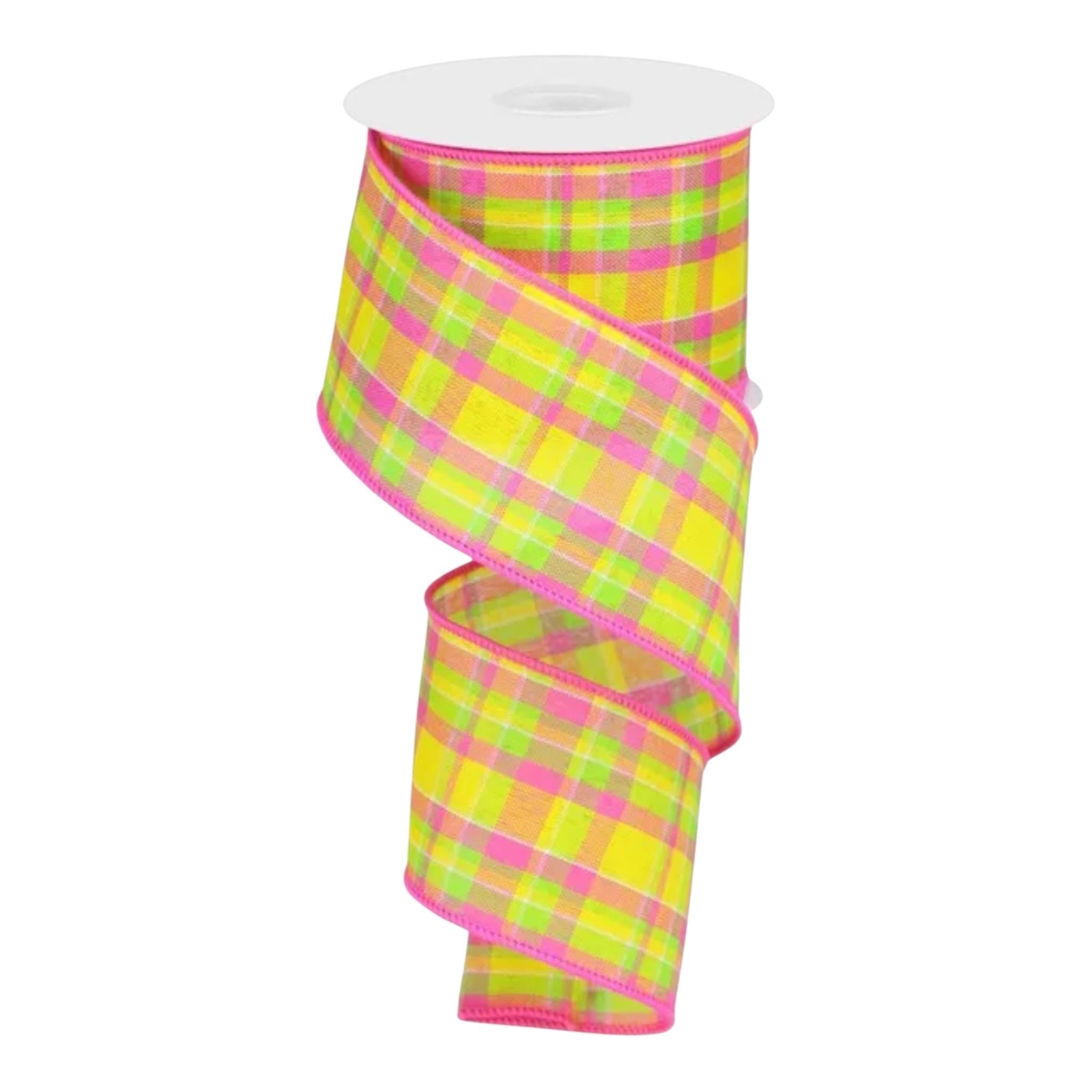 Pink Yellow Plaid Wired Ribbon, Spring Easter Ribbon, Plaid Ribbon for Wreaths, Bows & Floral Crafting