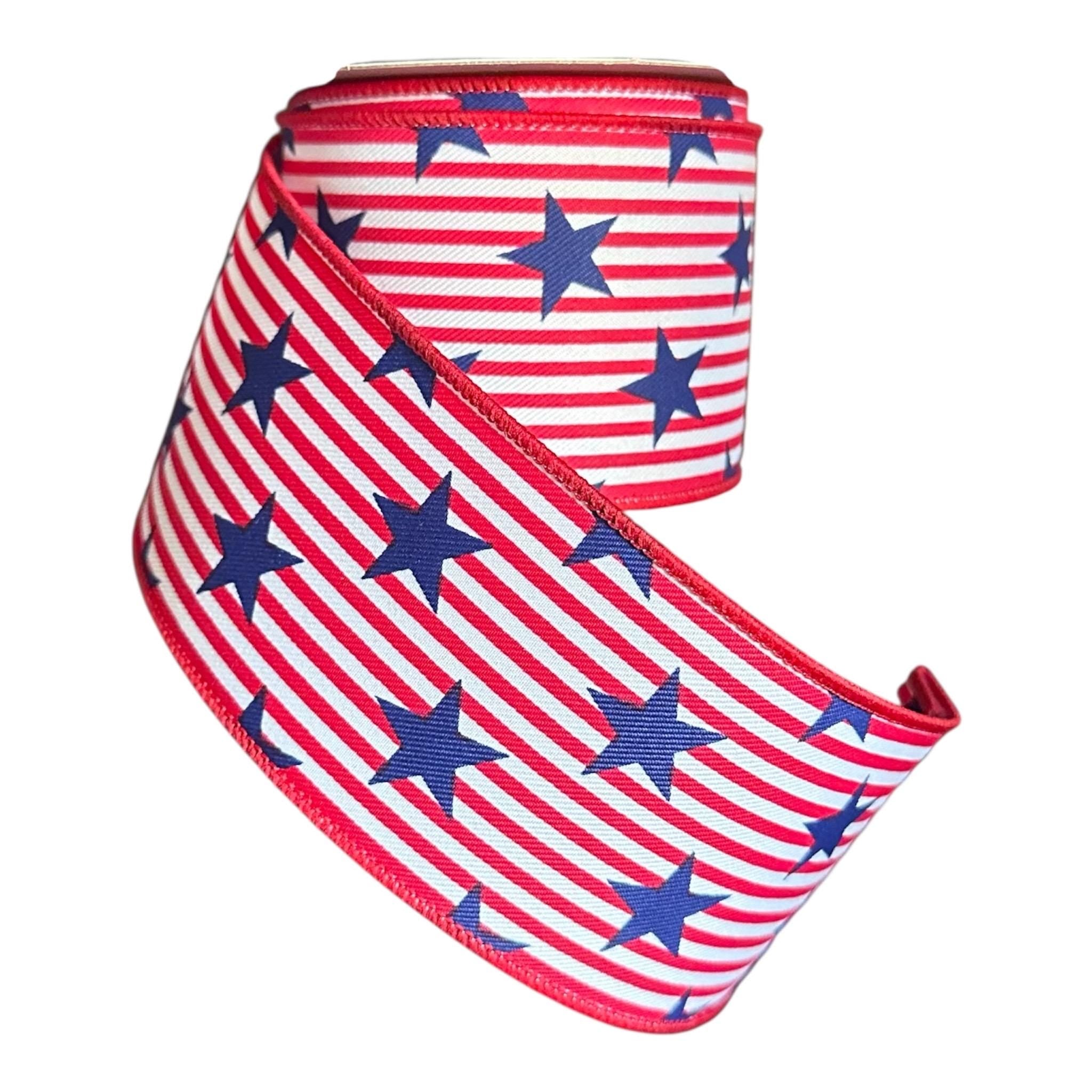 Patriotic Stars and Stripes Wired Ribbon, Red White Blue Star Ribbon, USA Decorative Ribbon 2.5 x 10yds