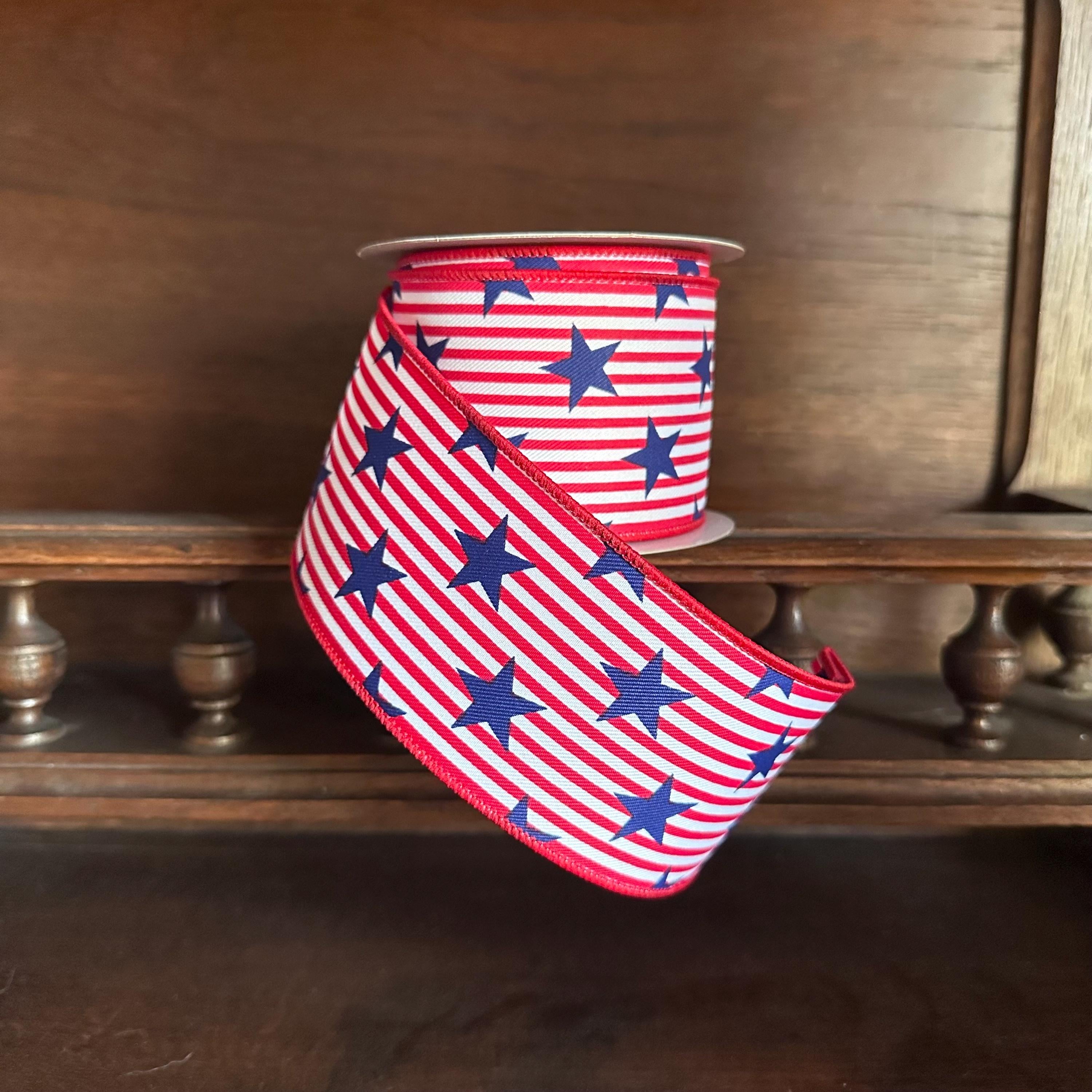 Patriotic Stars and Stripes Wired Ribbon, Red White Blue Star Ribbon, USA Decorative Ribbon 2.5 x 10yds
