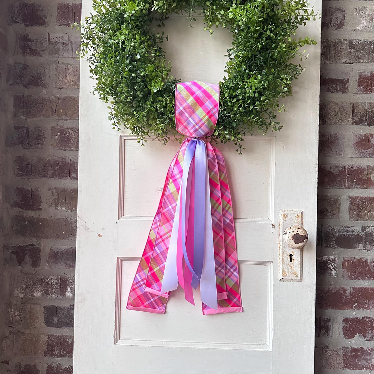 Spring Pink Plaid Wreath Sash for Front Door, Pastel Ribbon Wreath Tie, Easter Door Decor, Boxwood Wreath Accent, Front Door Decor