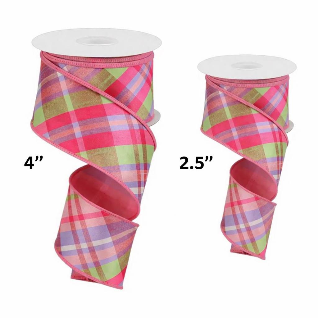 Pink Pastel Plaid Wired Ribbon with Fused Back Spring Easter Designer Ribbon for Wreaths Bows Crafts Spring Ribbon Summer Ribbon