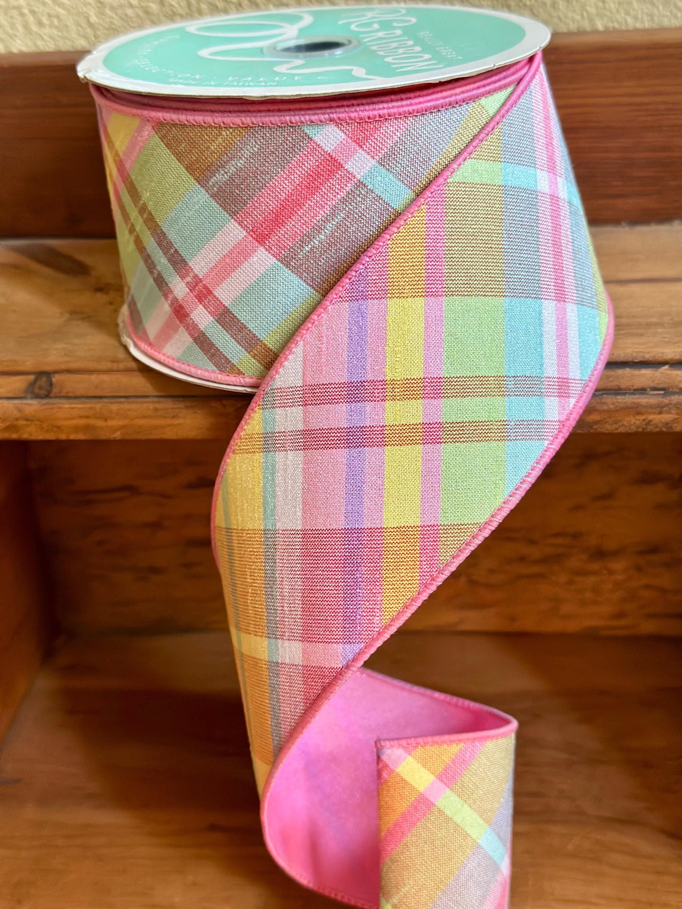 Pastel Plaid Wired Ribbon Diagonal Spring Easter Ribbon Pink Green Faux Dupioni Style Wreath Bow Craft Ribbon Spring Ribbon Summer Ribbon