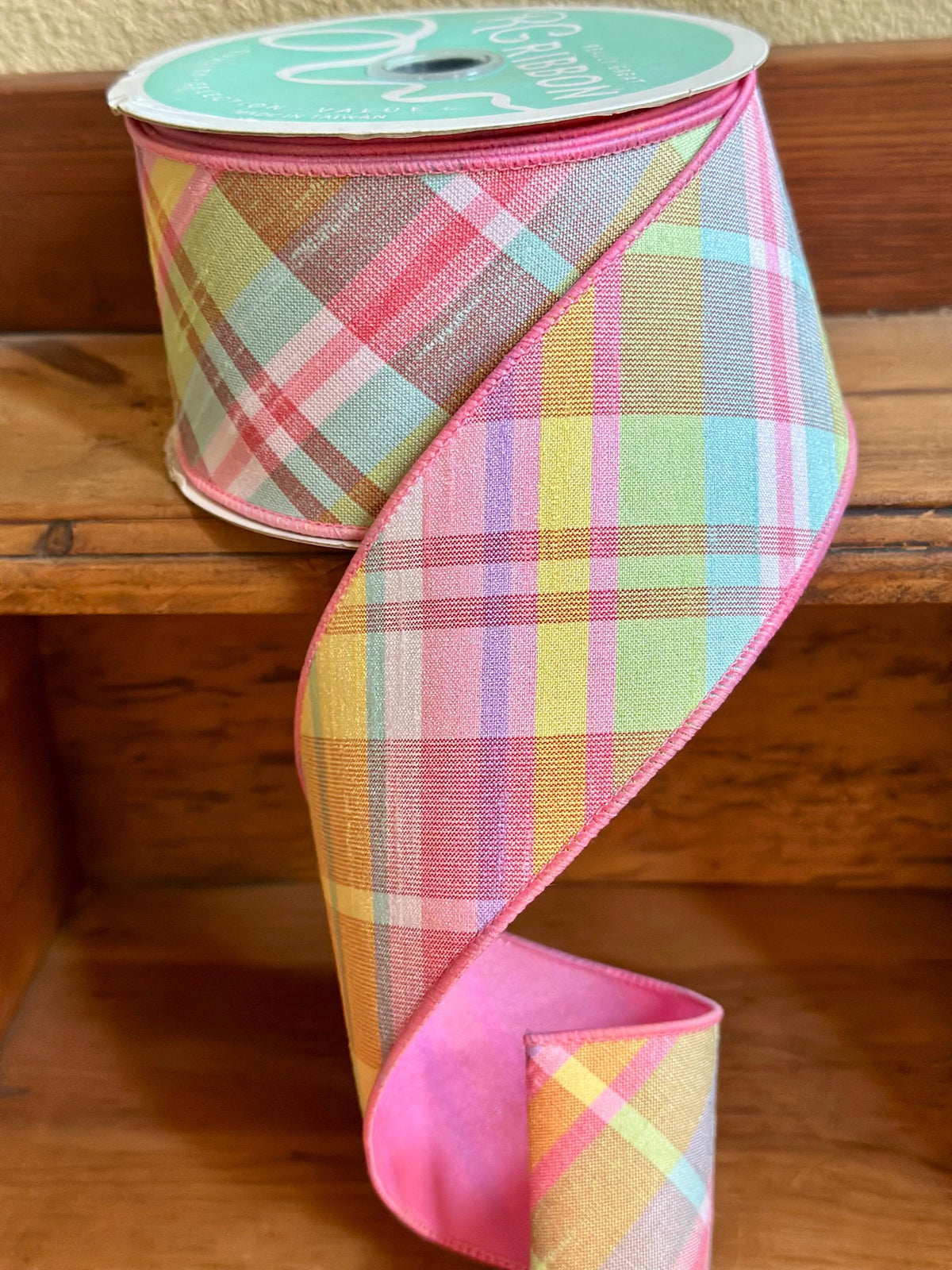 Pastel Plaid Wired Ribbon Diagonal Spring Easter Ribbon Pink Green Faux Dupioni Style Wreath Bow Craft Ribbon Spring Ribbon Summer Ribbon