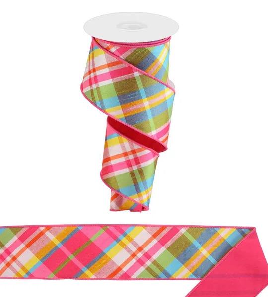Plaid Faux Dupioni Ribbon with Fused Back, Spring Summer Decor Ribbon 1.5", 2.5" x 10yds