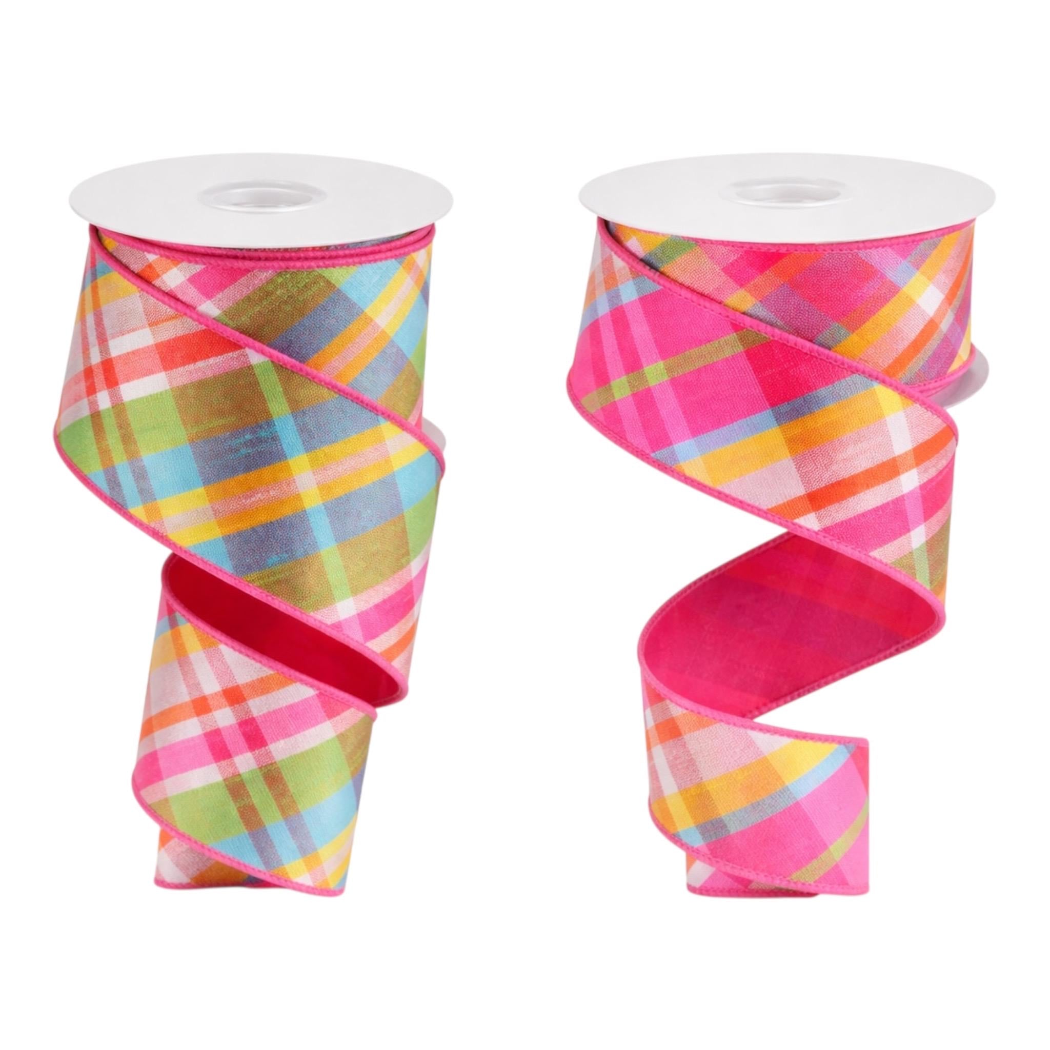 Plaid Faux Dupioni Ribbon with Fused Back, Spring Summer Decor Ribbon 1.5", 2.5" x 10yds