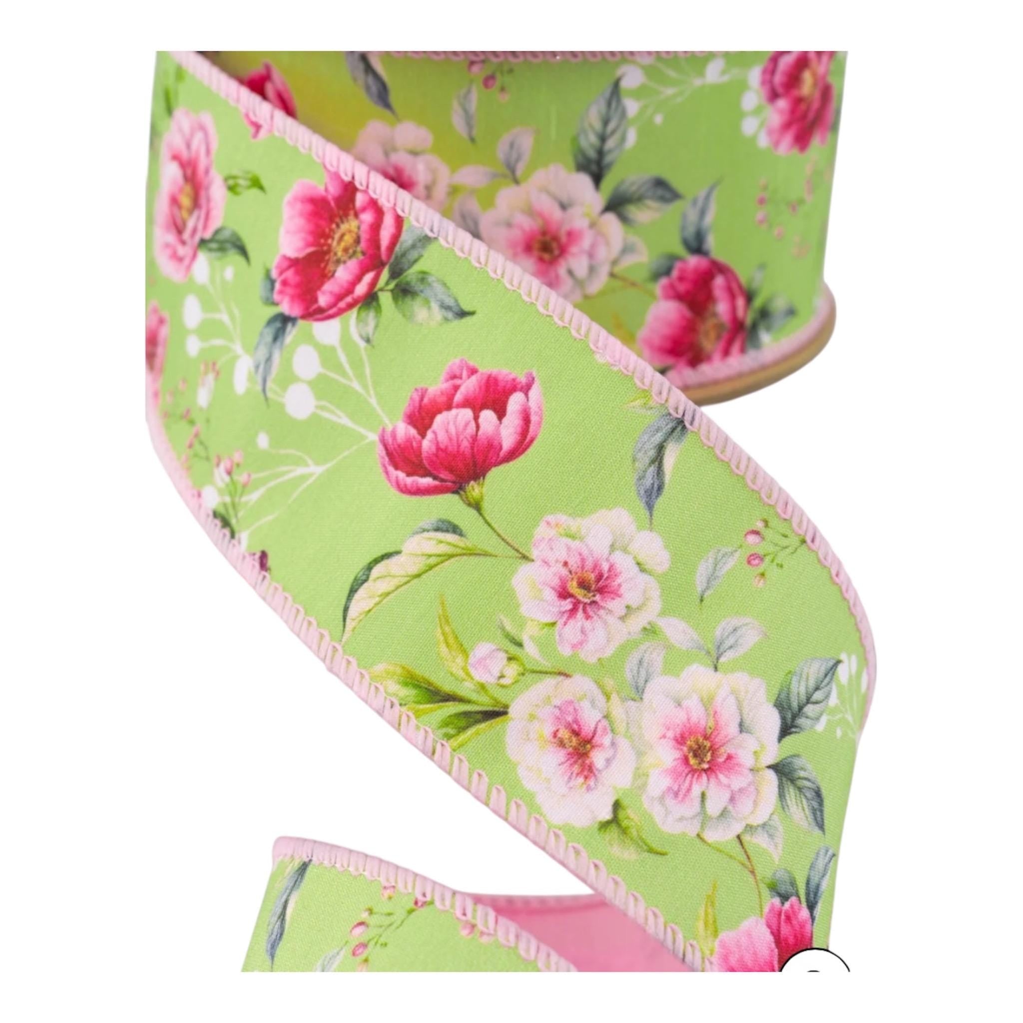 Rose Floral Wired Ribbon 2.5 Inch Designer Ribbon for Wreath Making Bow Making Gift Wrapping Spring Decor