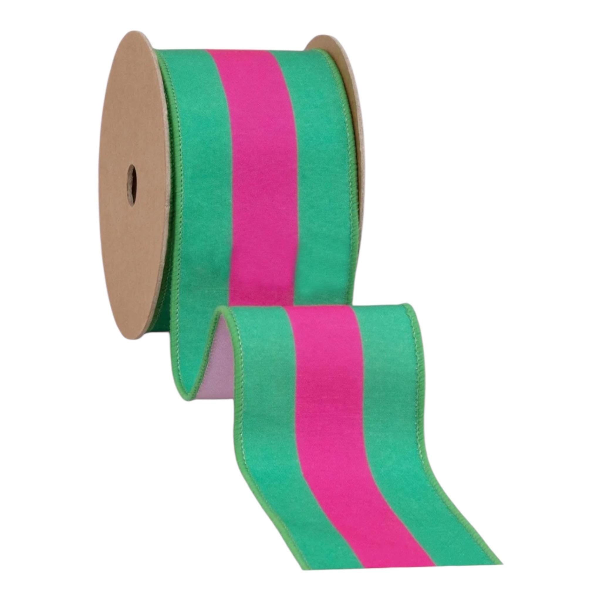 Hot Pink & Green Stripe Ribbon – 2.5” Wired Dupioni