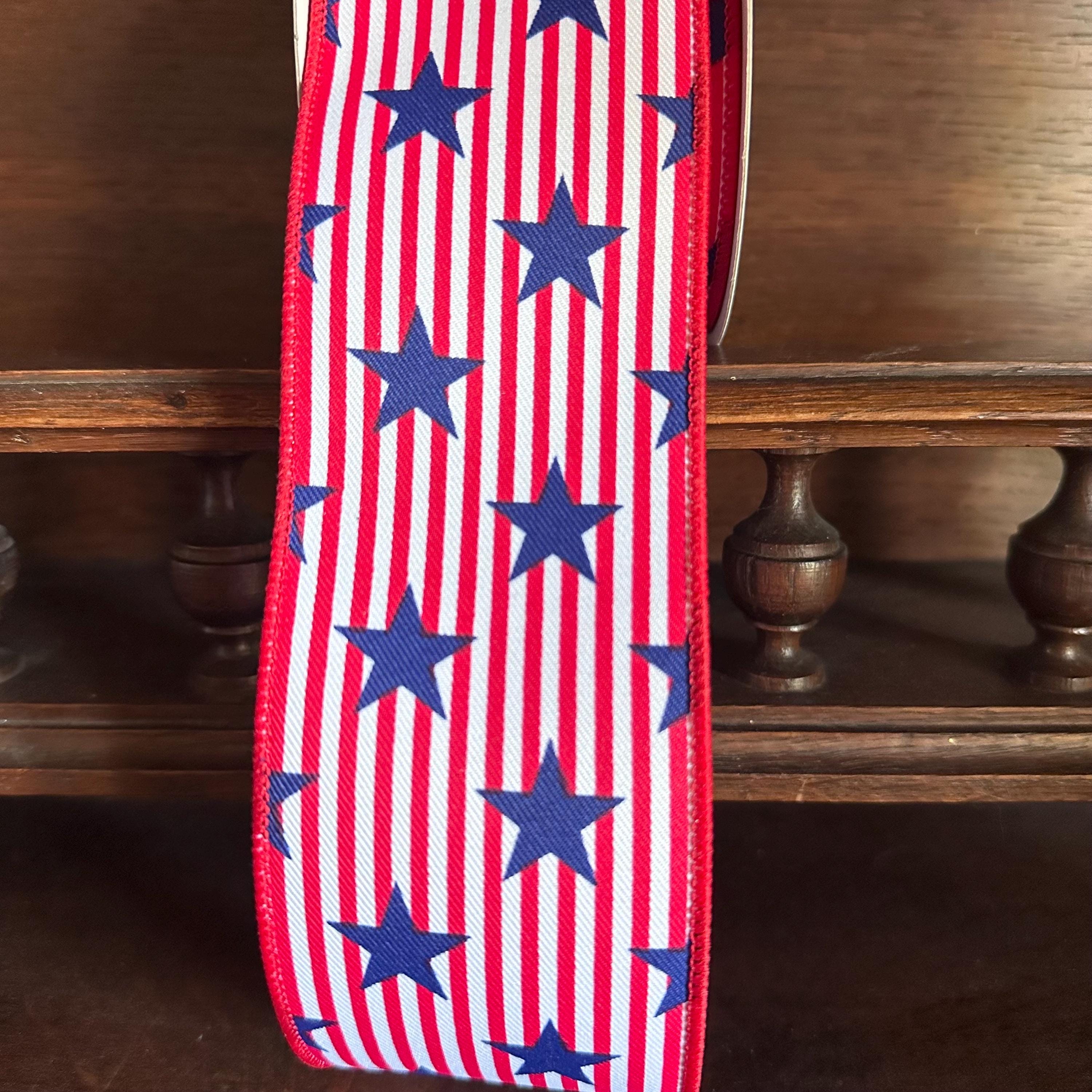 Patriotic Stars and Stripes Wired Ribbon, Red White Blue Star Ribbon, USA Decorative Ribbon 2.5 x 10yds
