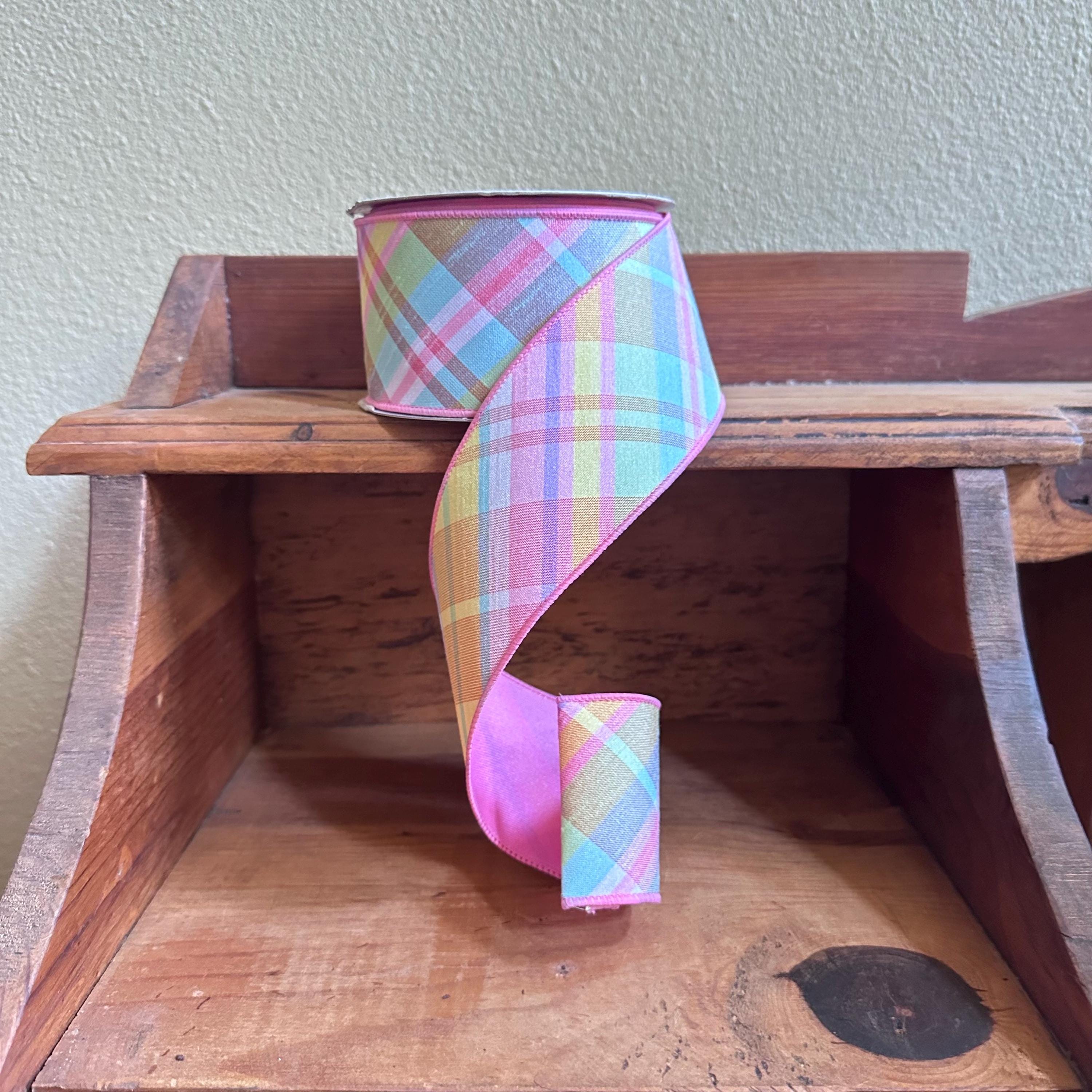 Pastel Plaid Wired Ribbon Diagonal Spring Easter Ribbon Pink Green Faux Dupioni Style Wreath Bow Craft Ribbon Spring Ribbon Summer Ribbon