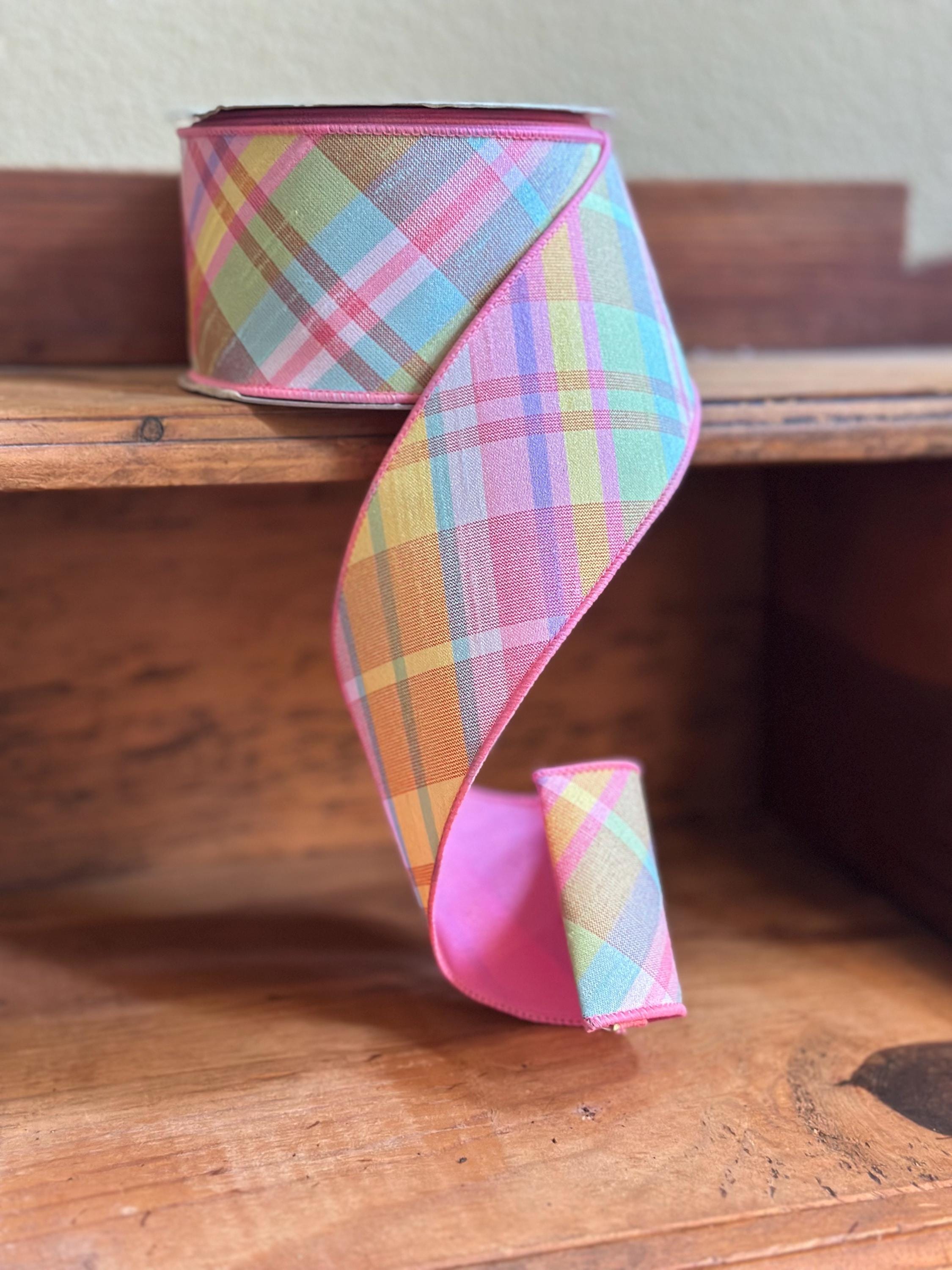 Pastel Plaid Wired Ribbon Diagonal Spring Easter Ribbon Pink Green Faux Dupioni Style Wreath Bow Craft Ribbon Spring Ribbon Summer Ribbon