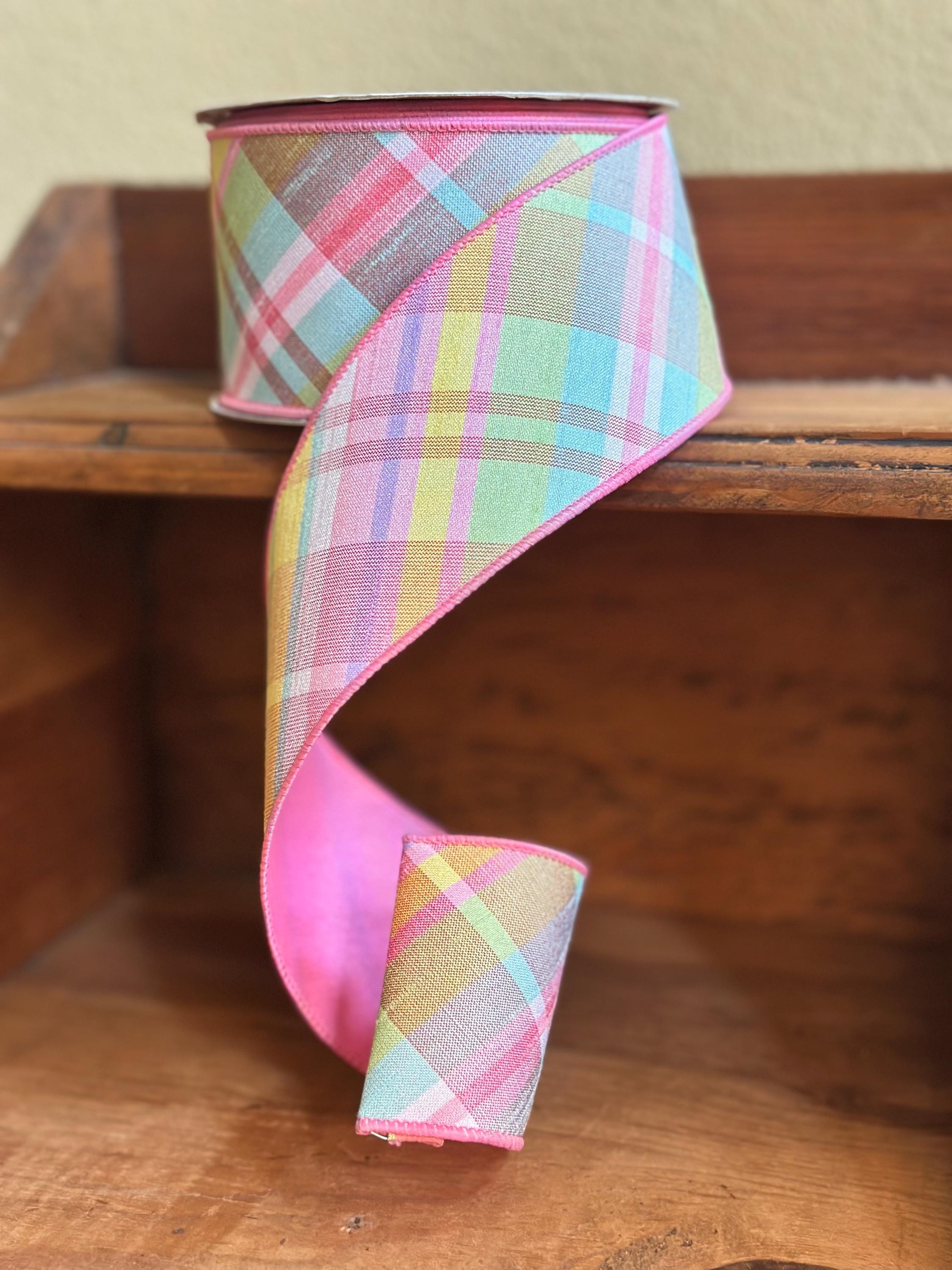 Pastel Plaid Wired Ribbon Diagonal Spring Easter Ribbon Pink Green Faux Dupioni Style Wreath Bow Craft Ribbon Spring Ribbon Summer Ribbon