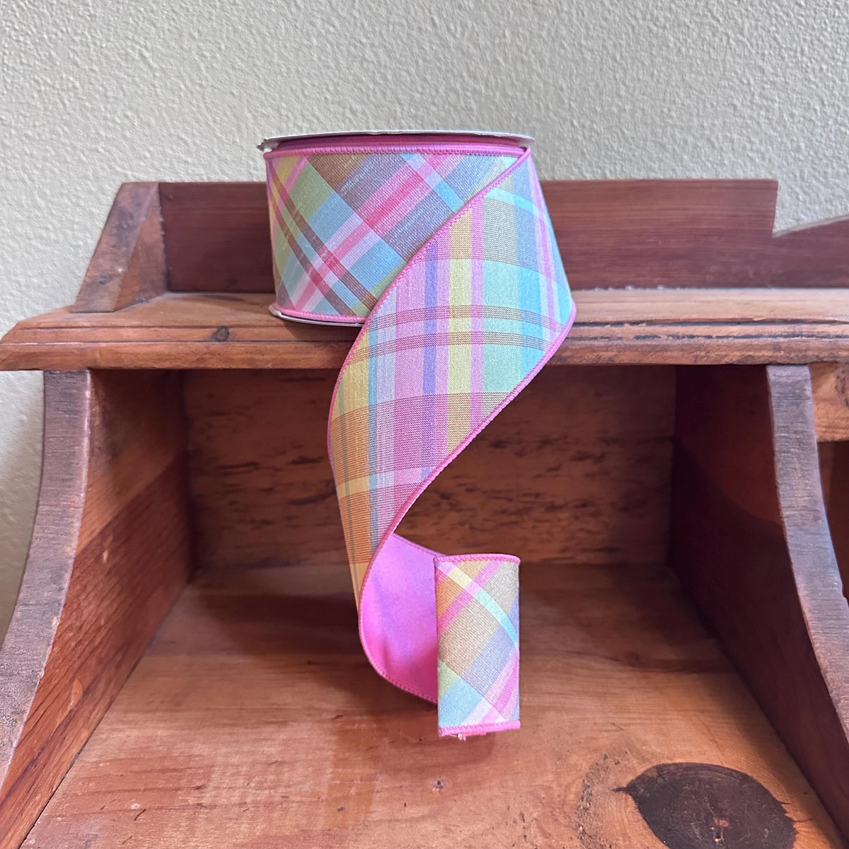 Pastel Plaid Wired Ribbon Diagonal Spring Easter Ribbon Pink Green Faux Dupioni Style Wreath Bow Craft Ribbon Spring Ribbon Summer Ribbon