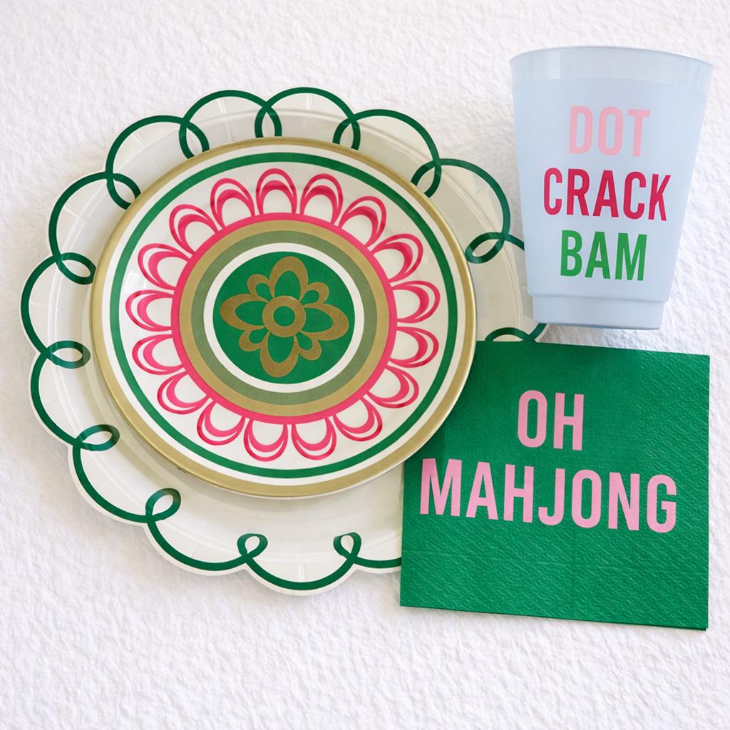 Mahjong Melamine Plates Set of 4 Pink Green Dinner Plates for Entertaining and Game Night
