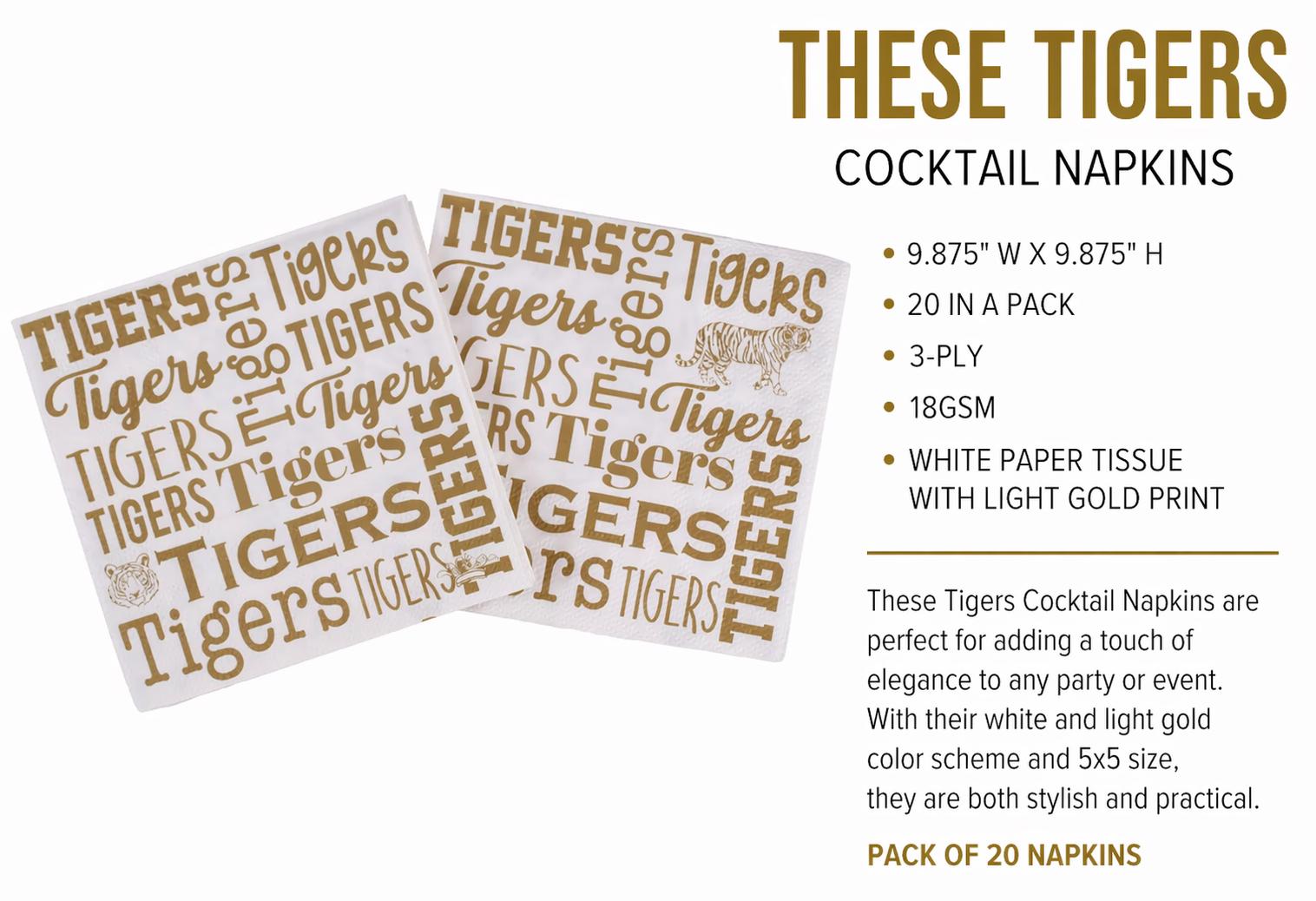 Tigers Cocktail Napkins Pack of 20 | White & Gold 3-Ply Paper