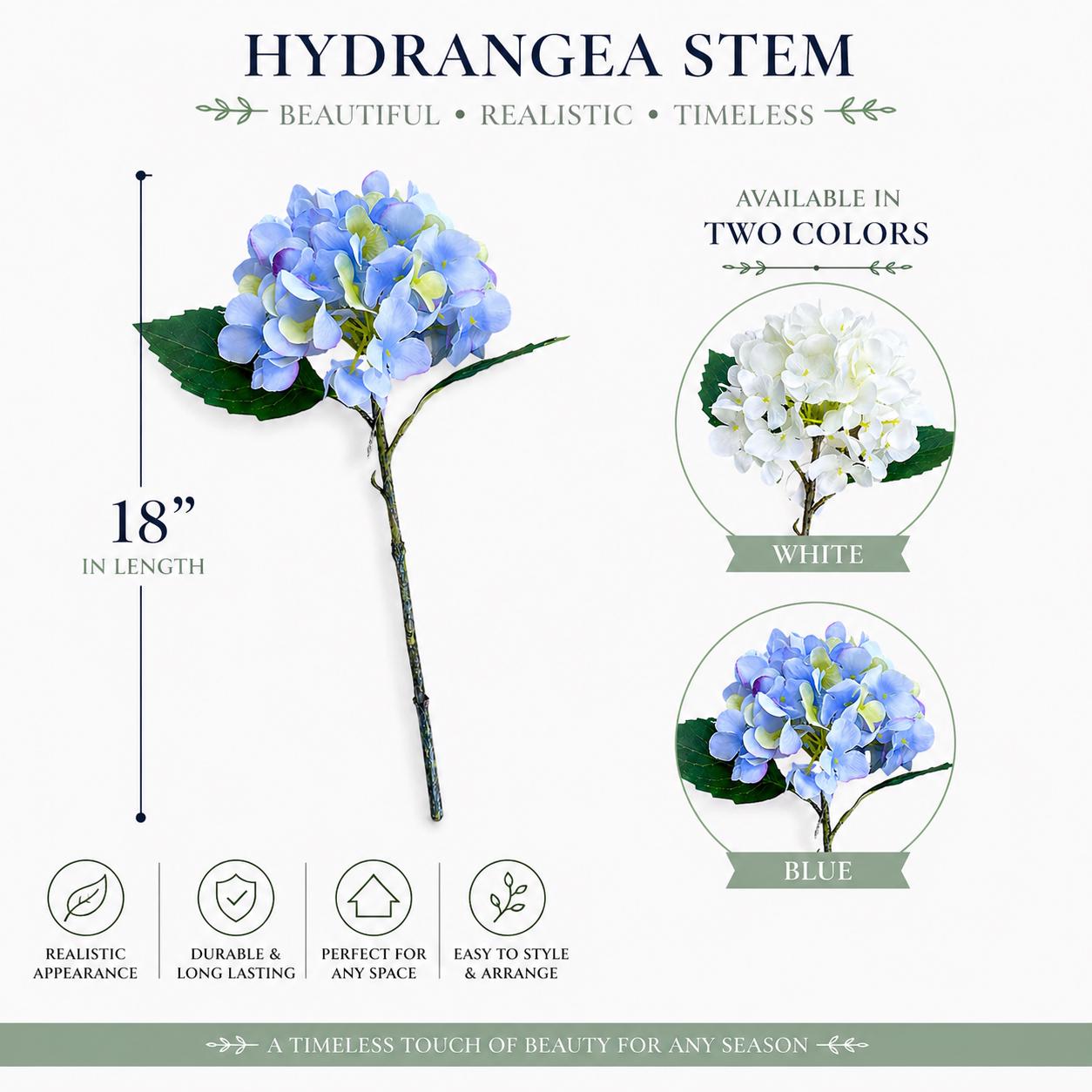 White Hydrangea Stem 18 Inch Faux Hydrangea Flower – Realistic Artificial Floral for Home Decor and Weddings