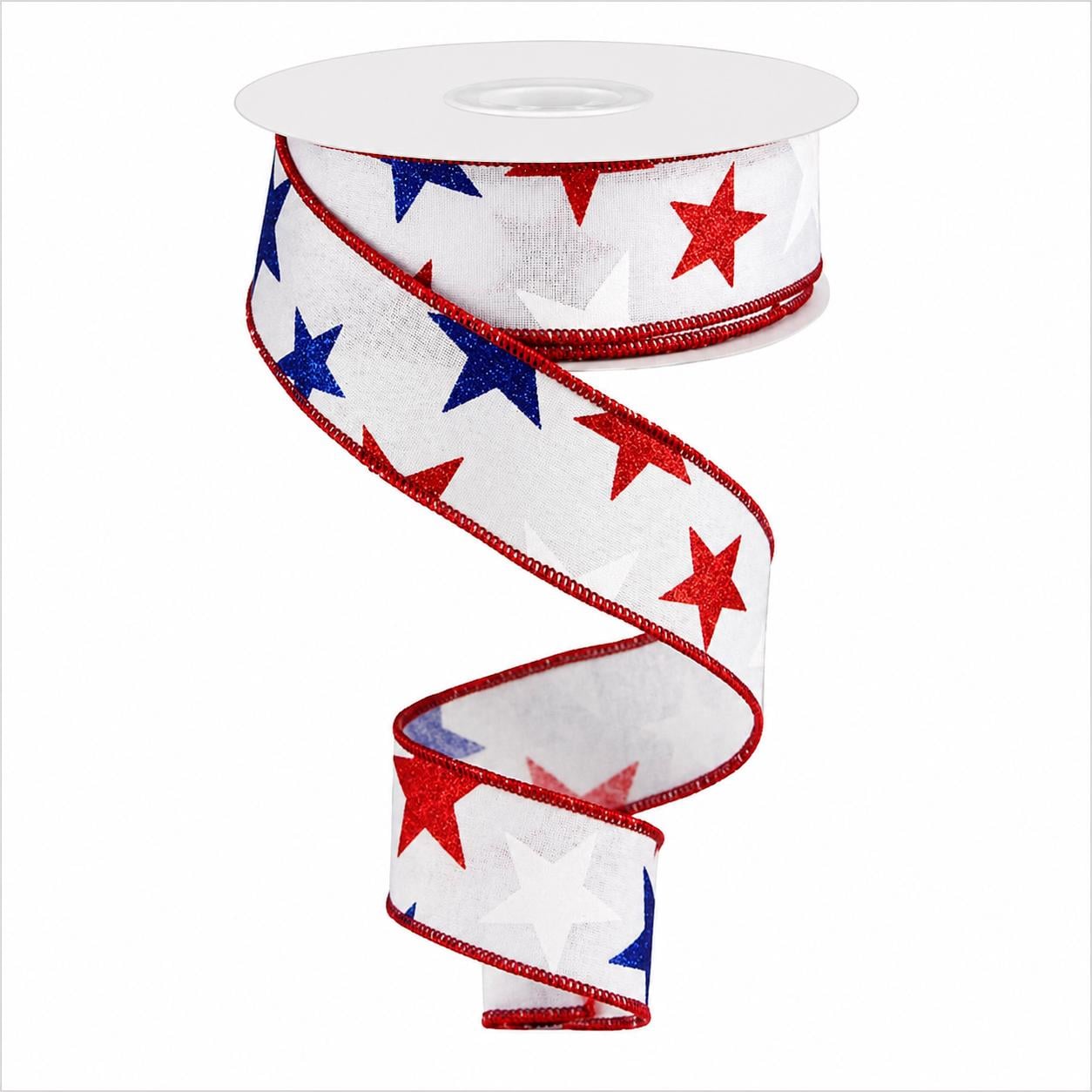 Patriotic Star Ribbon Red White Blue Glitter Stars Wired Ribbon Fourth of July Decor Wreath Ribbon Bow Making