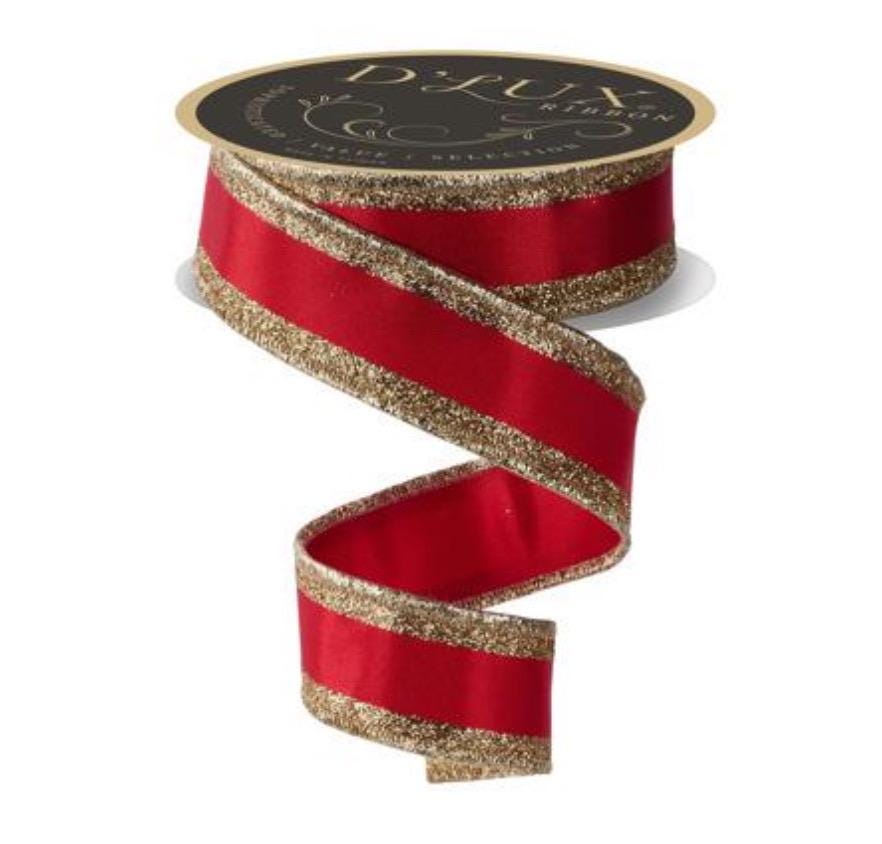Red Satin Wired Ribbon with Gold Glitter Edge Luxury Christmas Ribbon for Wreaths Bows Gift Wrapping Holiday Decor