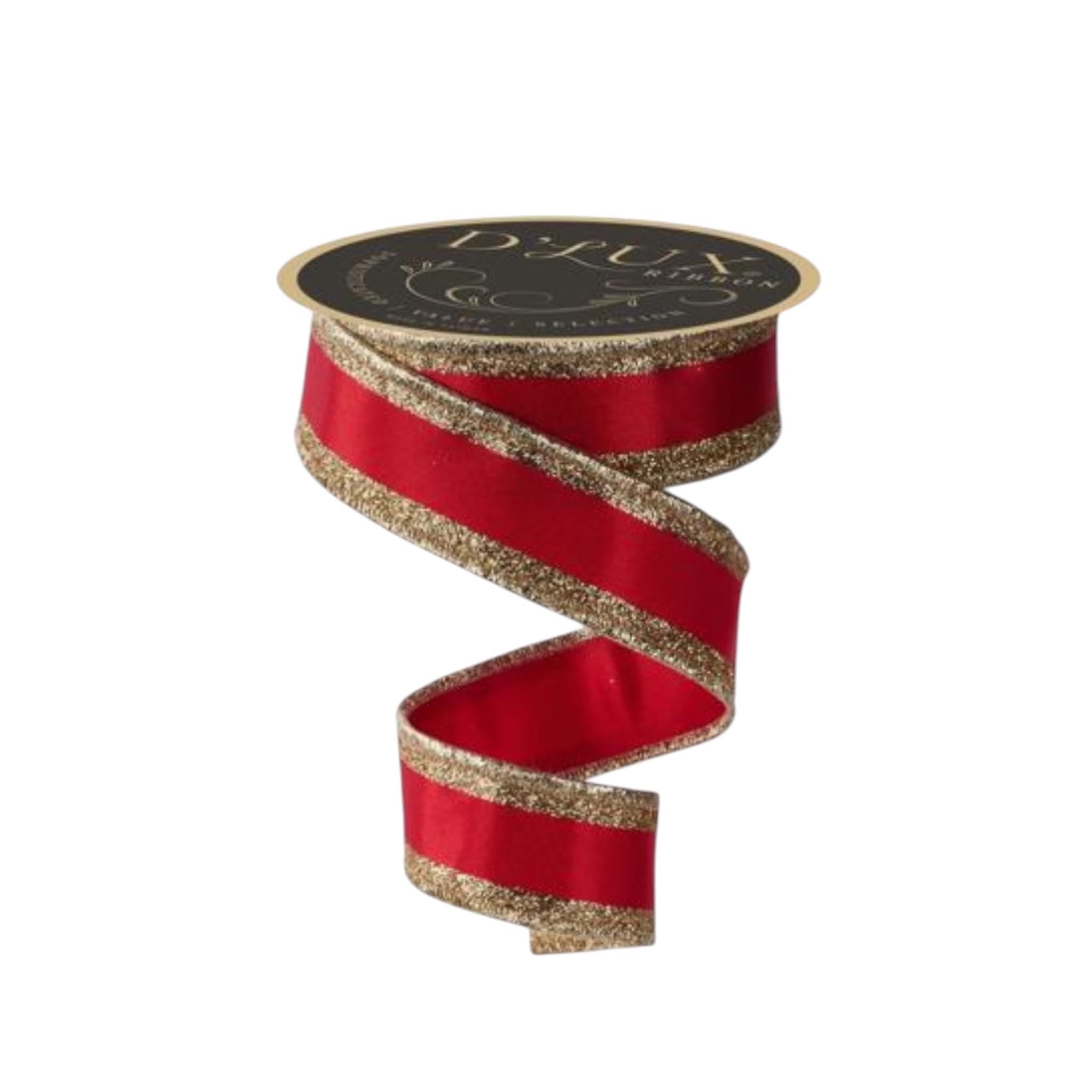 Red Satin Wired Ribbon with Gold Glitter Edge Luxury Christmas Ribbon for Wreaths Bows Gift Wrapping Holiday Decor