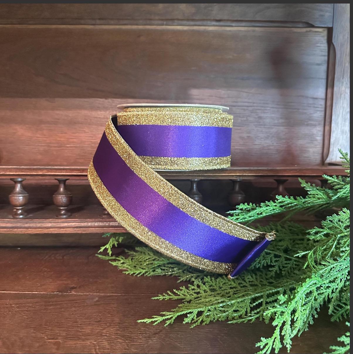 Purple and Gold Wired Ribbon Satin with Glitter Edge Mardi Gras Ribbon for Wreaths Bows Party Decor Gift Wrapping Designer Ribbon