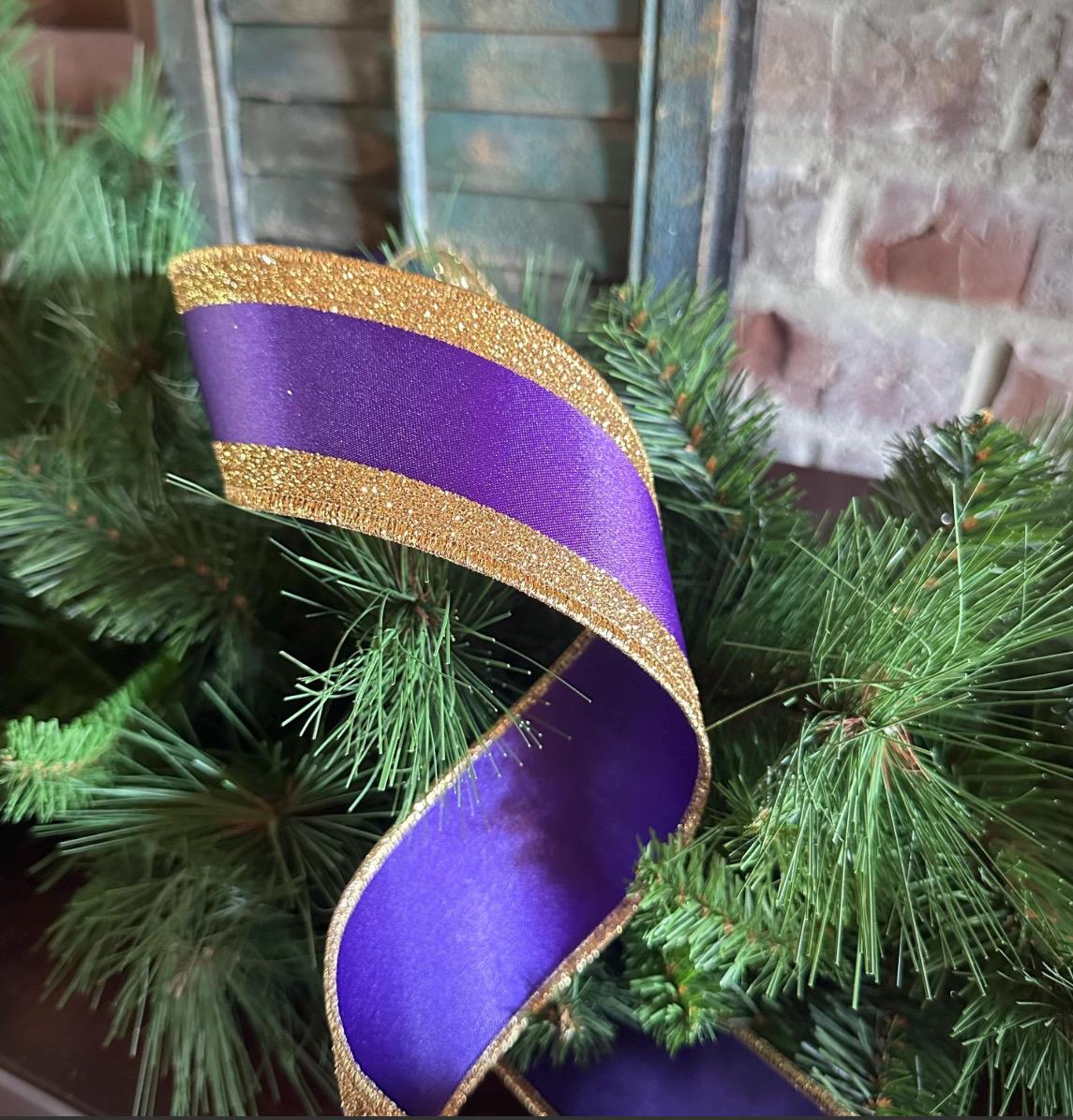 Purple and Gold Wired Ribbon Satin with Glitter Edge Mardi Gras Ribbon for Wreaths Bows Party Decor Gift Wrapping Designer Ribbon