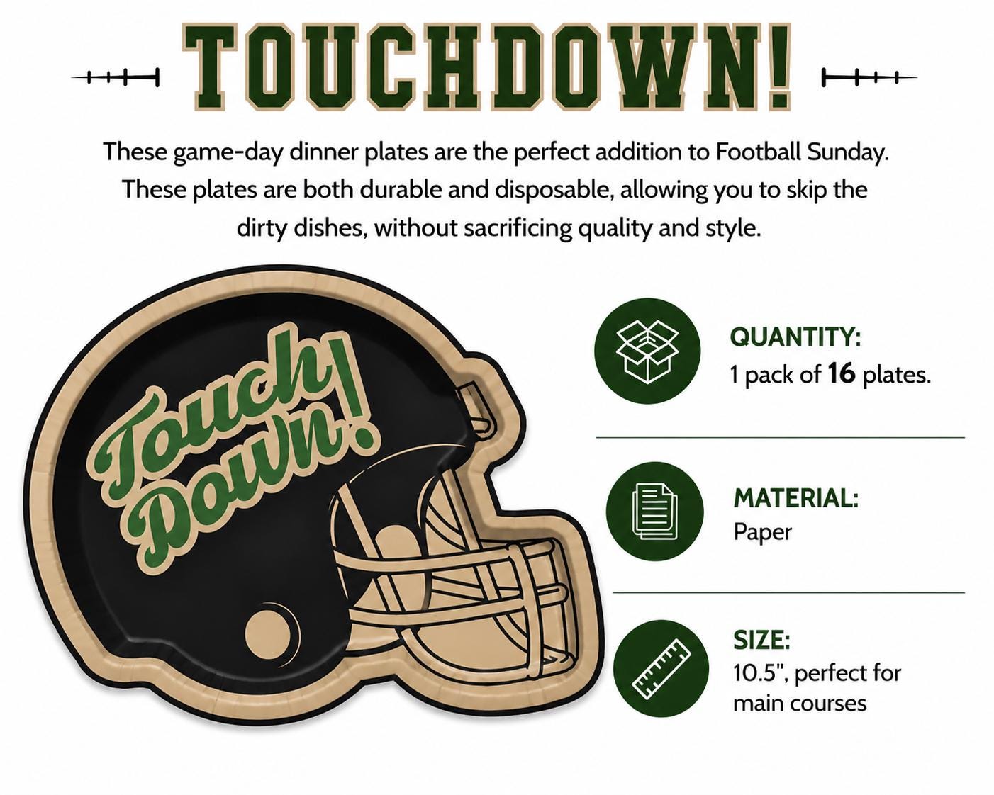 Football Shaped Paper Plates Set of 16 | Game Day Party Plates for Tailgates & Football Parties