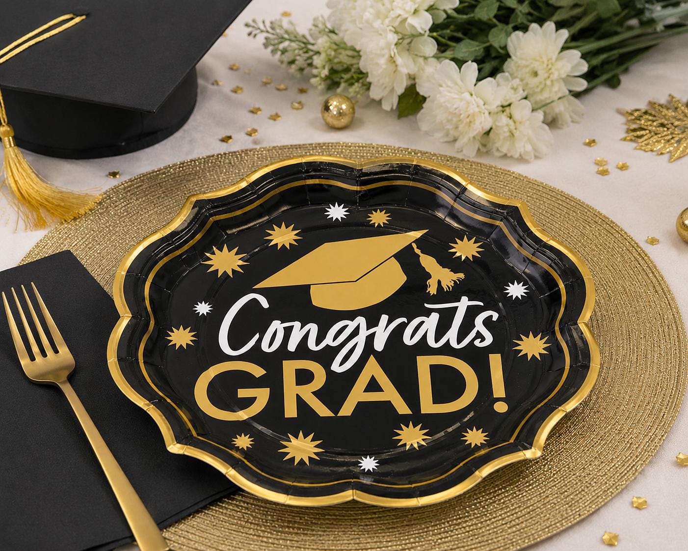 Black and Gold Graduation Party Dinner Plates Party Supplies