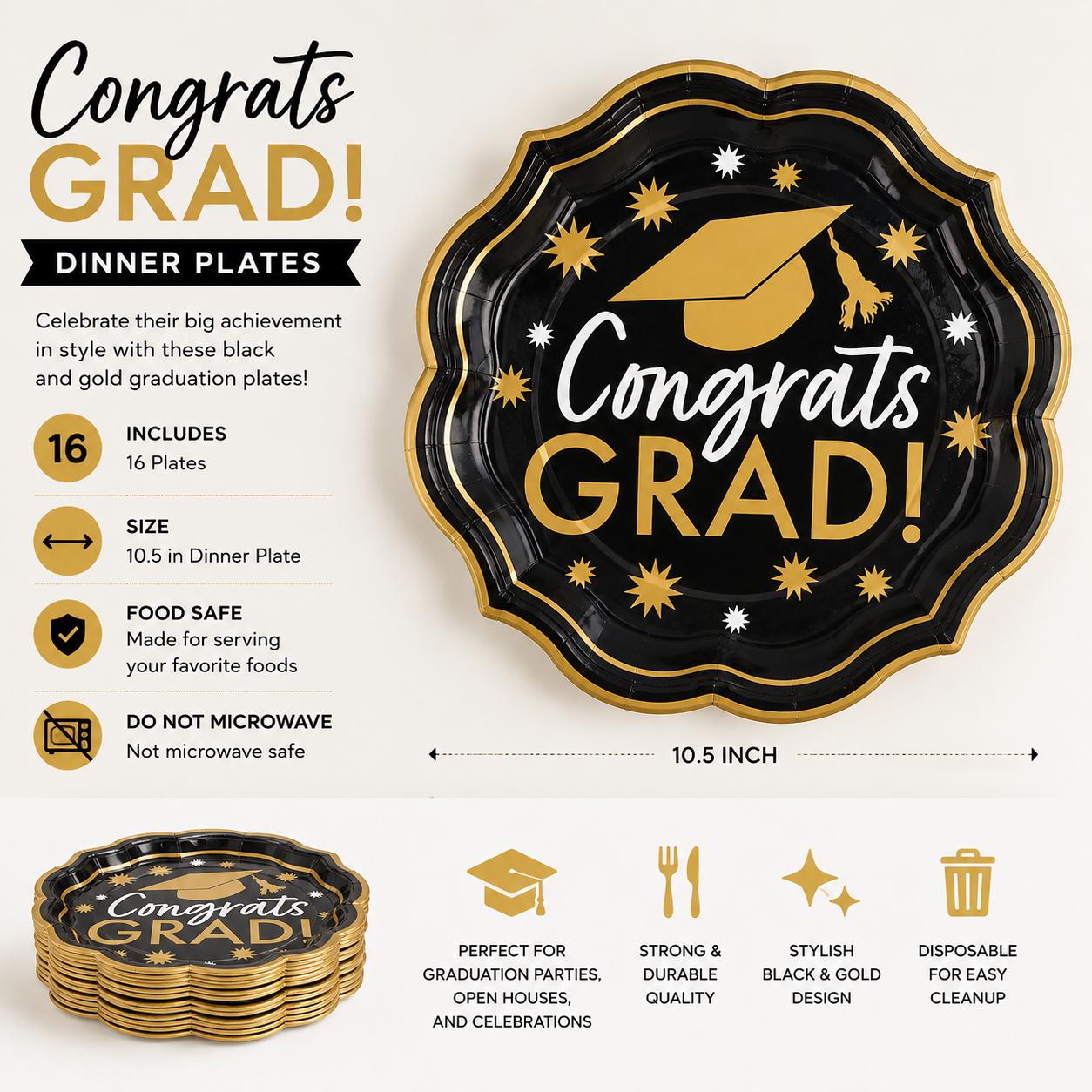 Black and Gold Graduation Party Dinner Plates Party Supplies