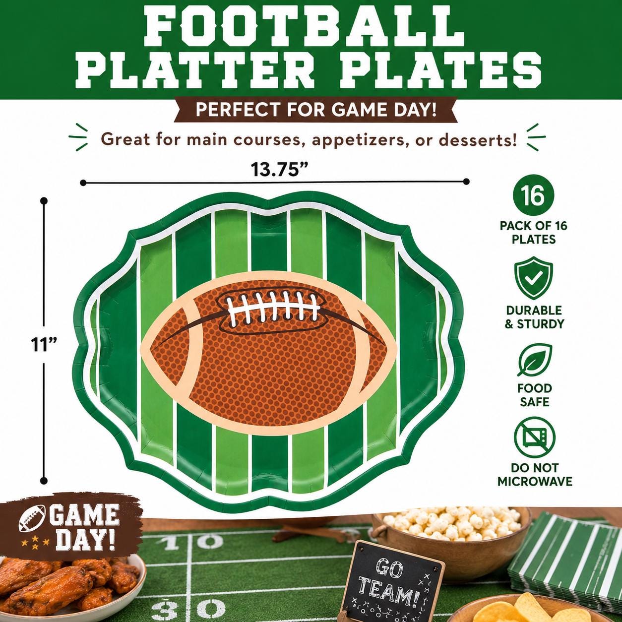 Football Shaped Paper Plates Set of 16 | Game Day Party Plates for Tailgates & Football Parties