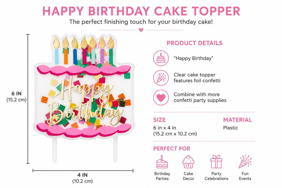 Happy Birthday Cake Topper with Confetti | Colorful Birthday Cake Decoration
