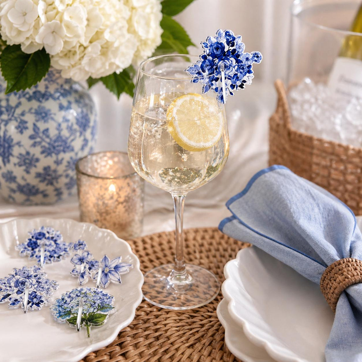 Blue White Chinoiserie Acrylic Drink Clips Set – Floral Cocktail Glass Charms