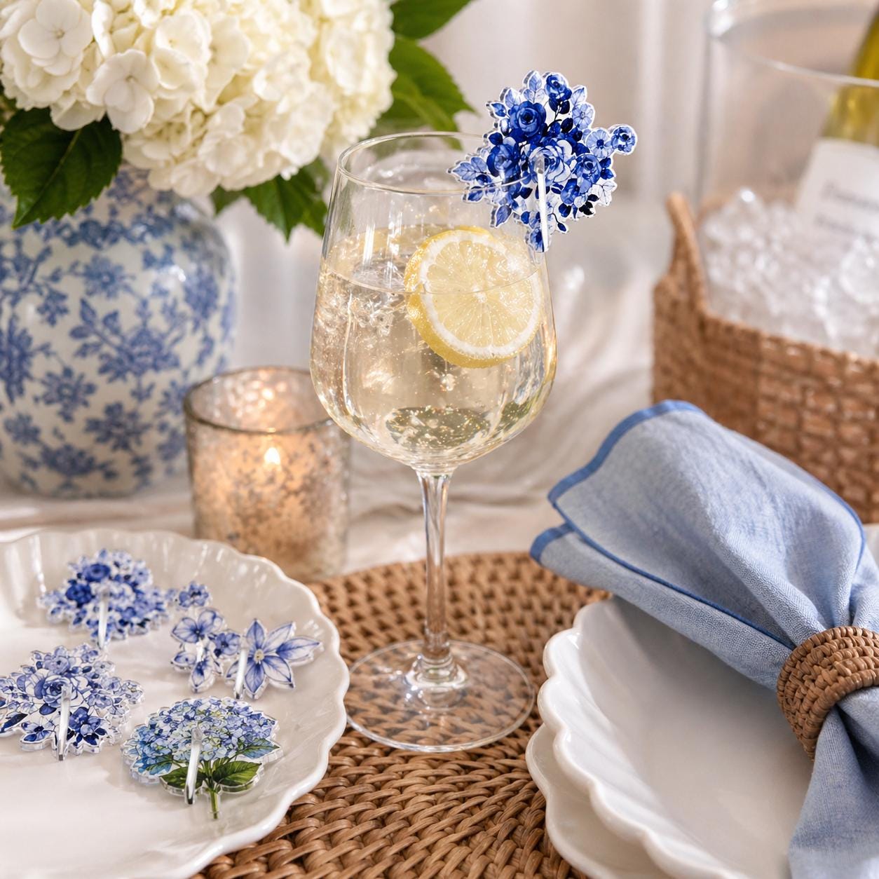 Blue and White Acrylic Drink Clips Set of 6 – Chinoiserie Cocktail Glass Markers