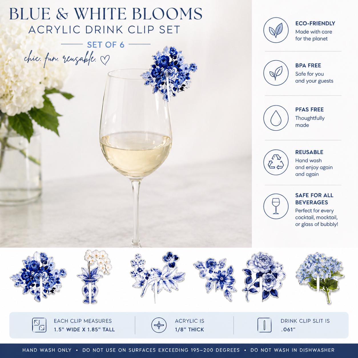 Blue and White Acrylic Drink Clips Set of 6 – Chinoiserie Cocktail Glass Markers