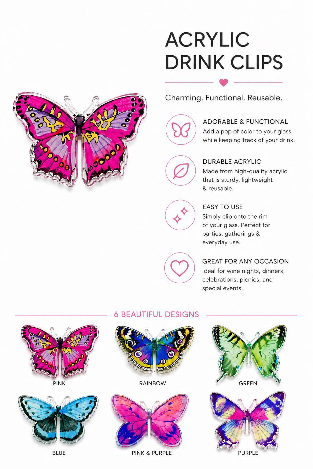 Butterfly Acrylic Drink Clips Set of 6 Reusable Wine Glass Markers for Entertaining
