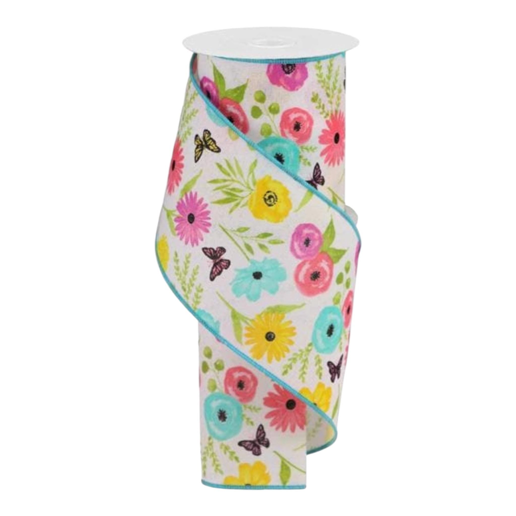Floral Wired Ribbon Wildflower Ribbon with Greenery Butterflies for Wreaths Bows Craft Gift Wrapping Spring Summer Home Decor Spring Ribbon