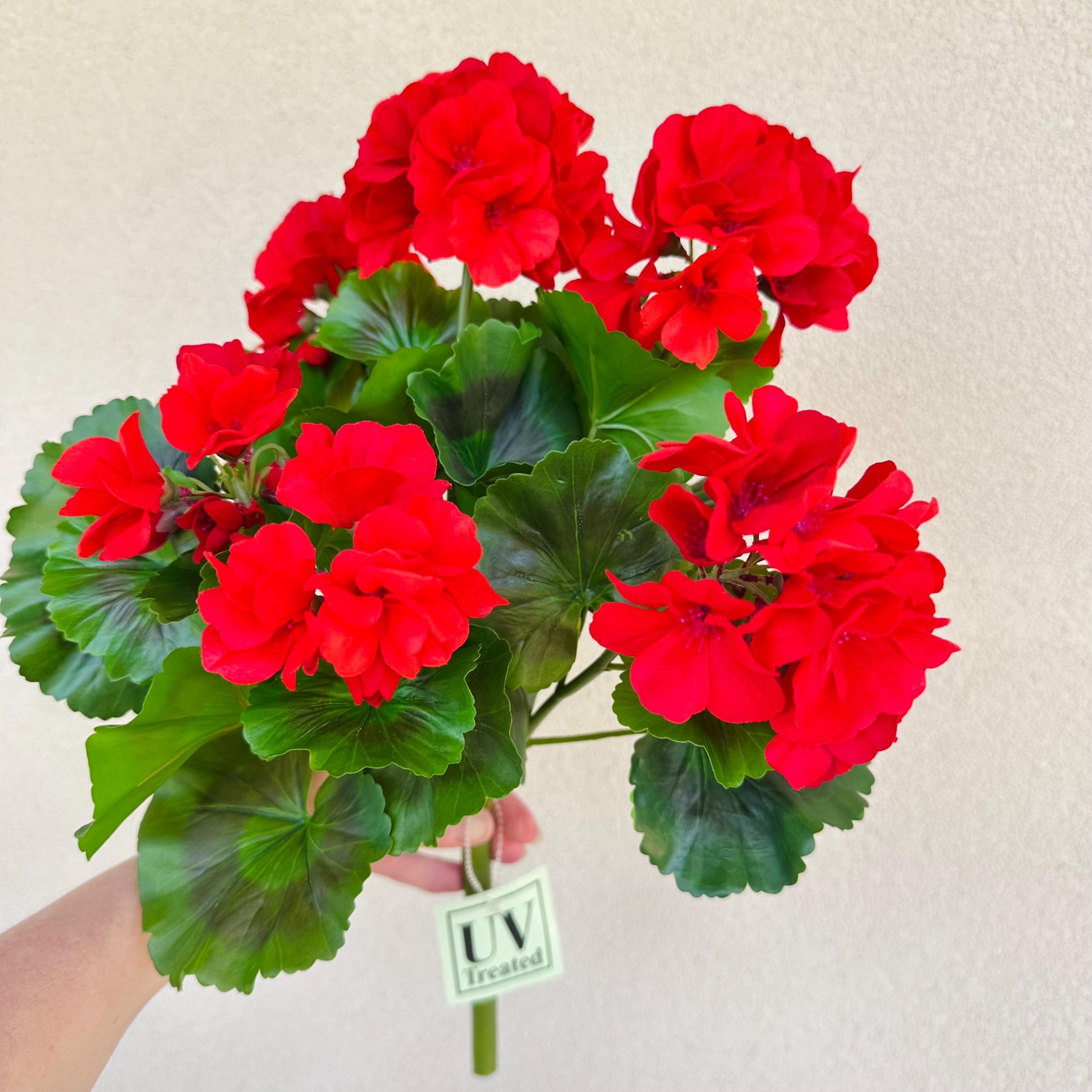 UV Faux Geranium Bush & Stem | Outdoor Artificial Geranium Flowers for Planters, Front Porch Pots & Outdoor Decor