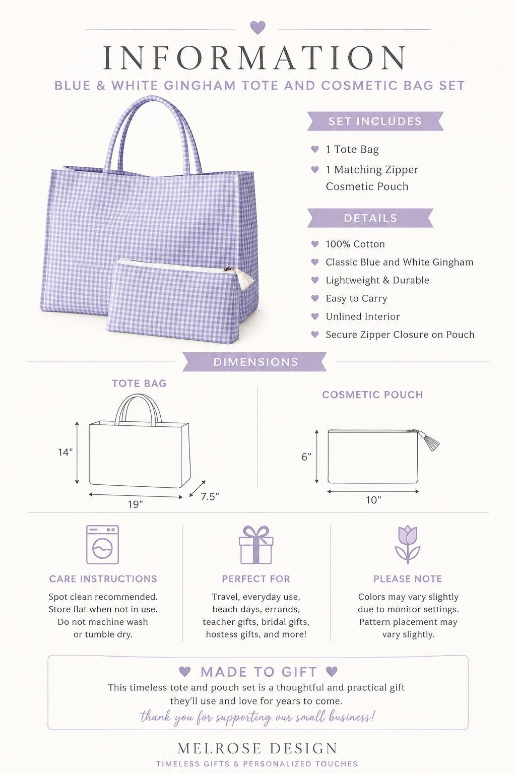 Blue Gingham Tote & Cosmetic Bag Set | Matching Travel & Everyday Essentials