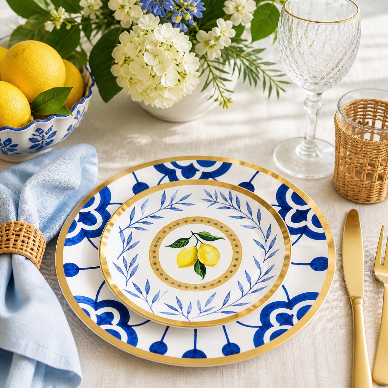 Lemon Blue Paper Plate Set Serves 8 Gold Rim Disposable Dinnerware Mediterranean Party Plates Dinner and Dessert Plates