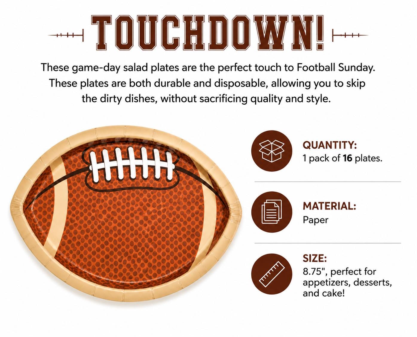 Football Shaped Paper Plates Set of 16 | Game Day Party Plates for Tailgates & Football Parties