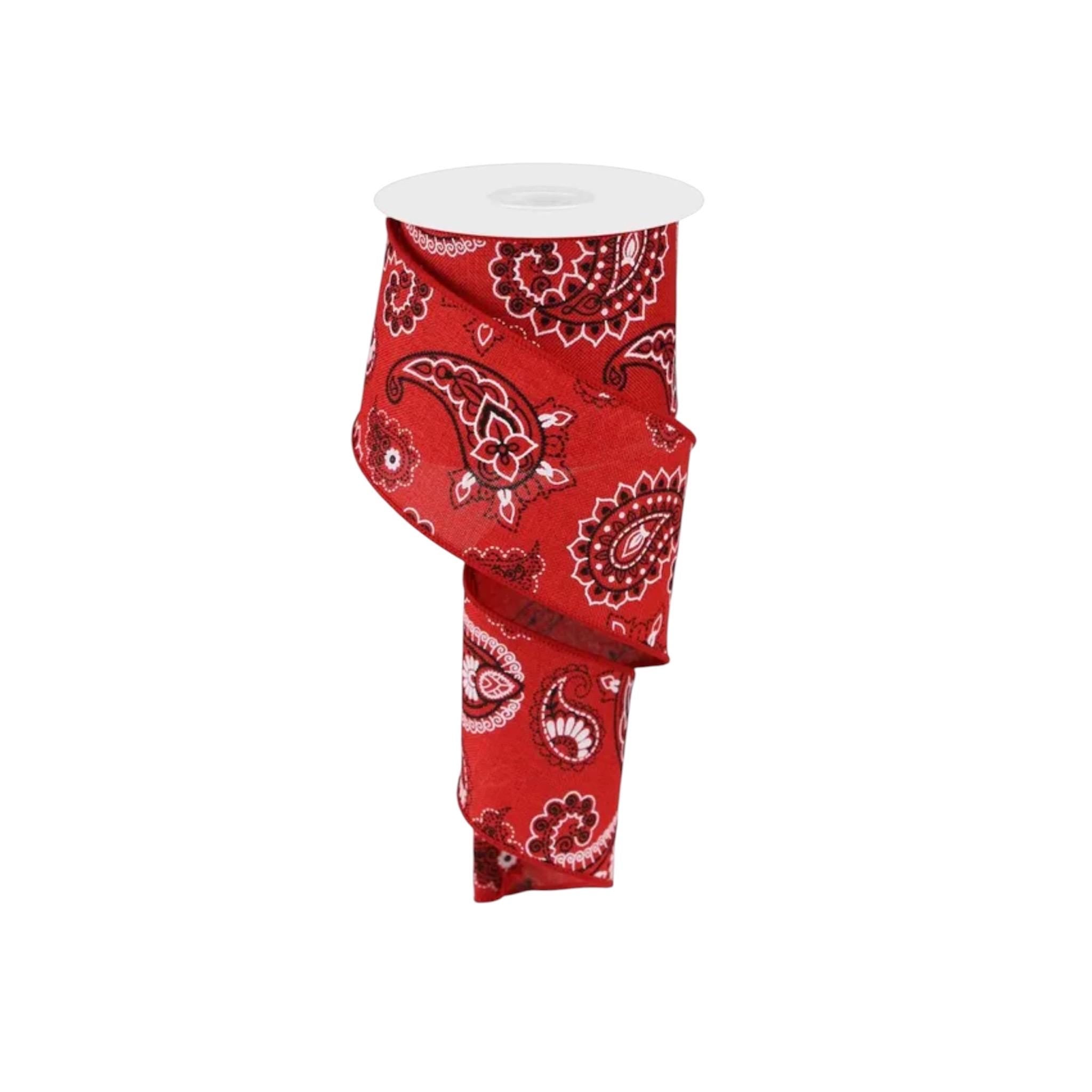 Red Bandana Ribbon, Western Ribbon, Rodeo Decor Ribbon, Cowboy Bandana Wired Ribbon, Paisley Ribbon for Wreaths & Bows