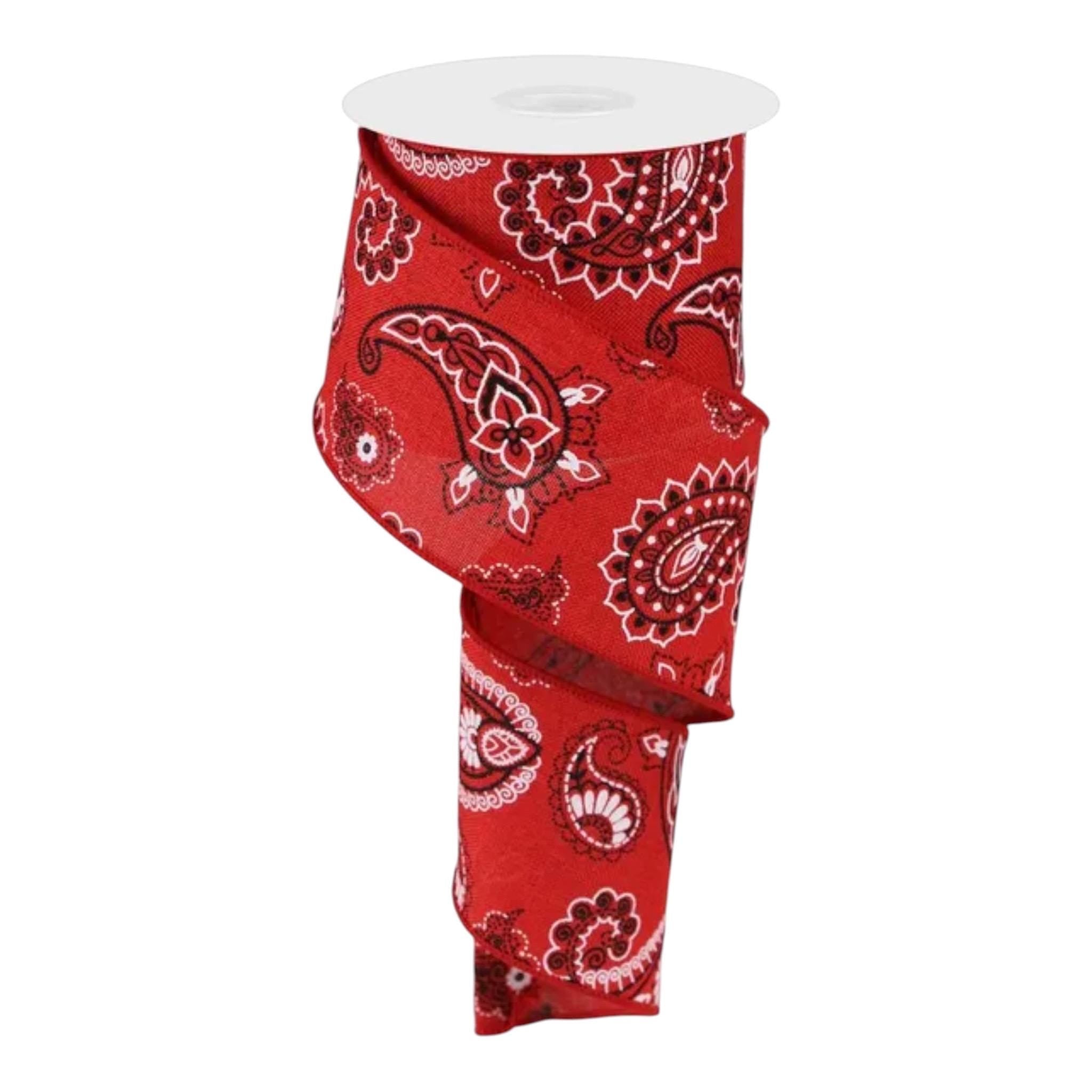 Red Bandana Ribbon, Western Ribbon, Rodeo Decor Ribbon, Cowboy Bandana Wired Ribbon, Paisley Ribbon for Wreaths & Bows