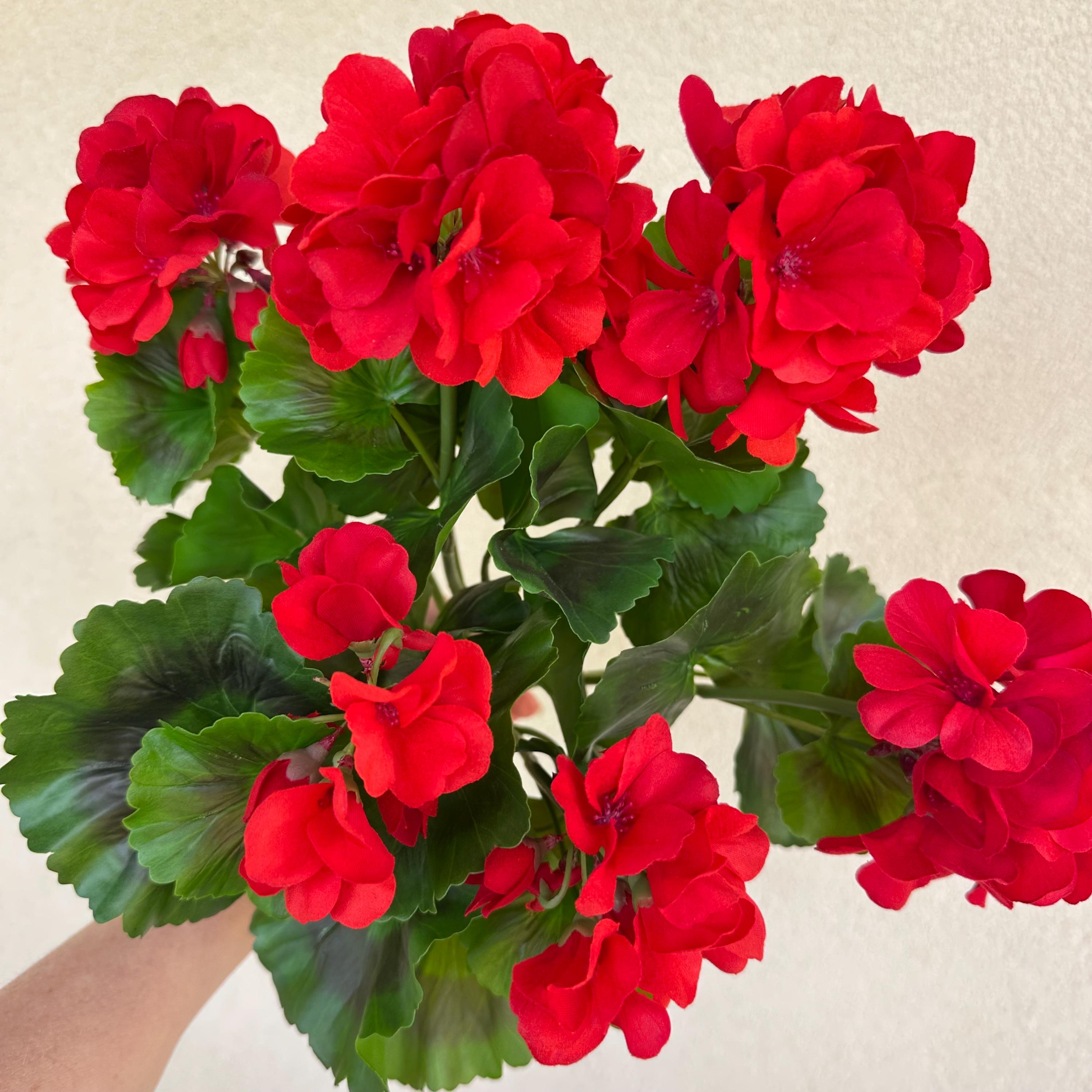 UV Faux Geranium Bush & Stem | Outdoor Artificial Geranium Flowers for Planters, Front Porch Pots & Outdoor Decor