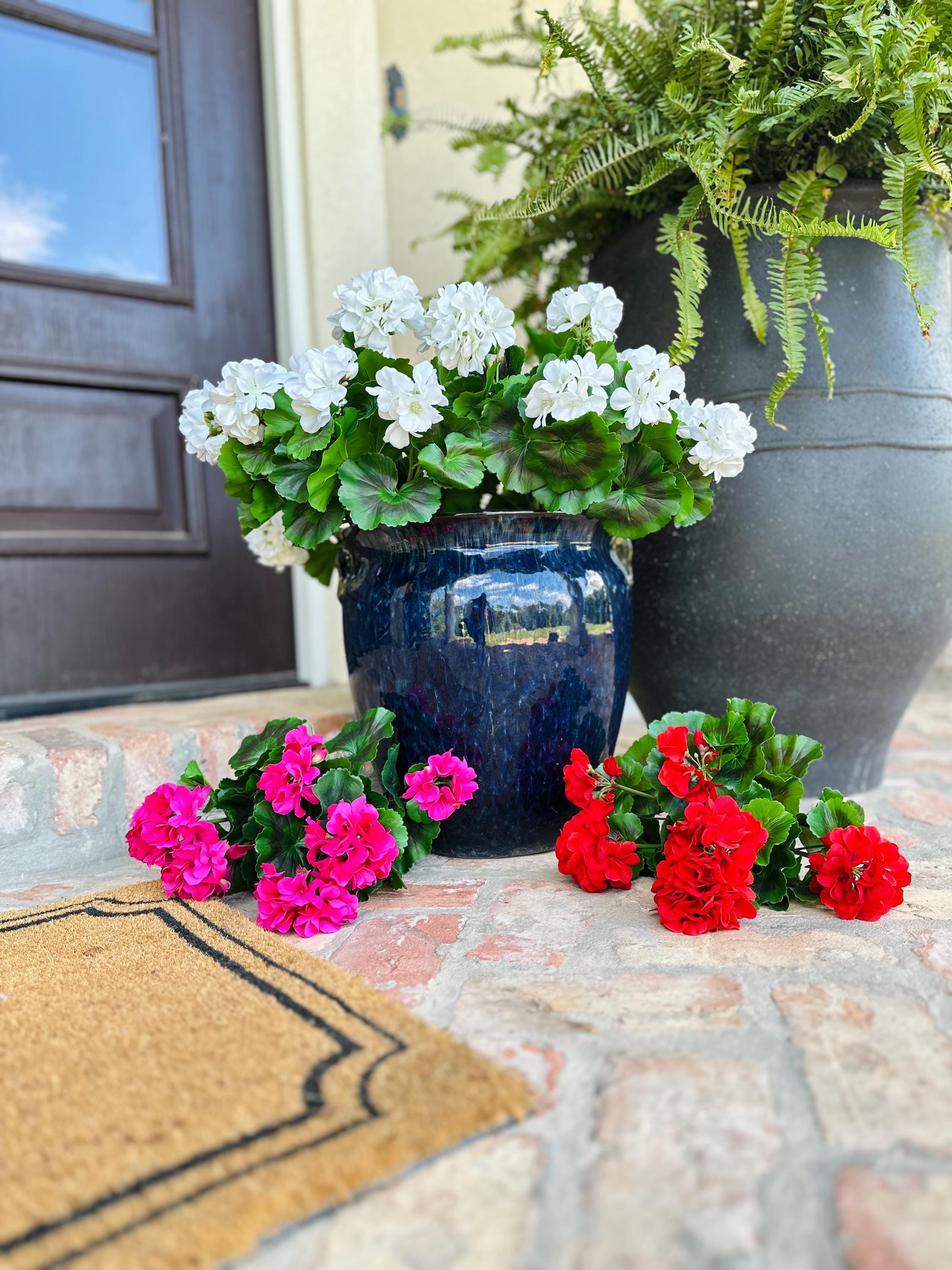 UV Faux Geranium Bush & Stem | Outdoor Artificial Geranium Flowers for Planters, Front Porch Pots & Outdoor Decor