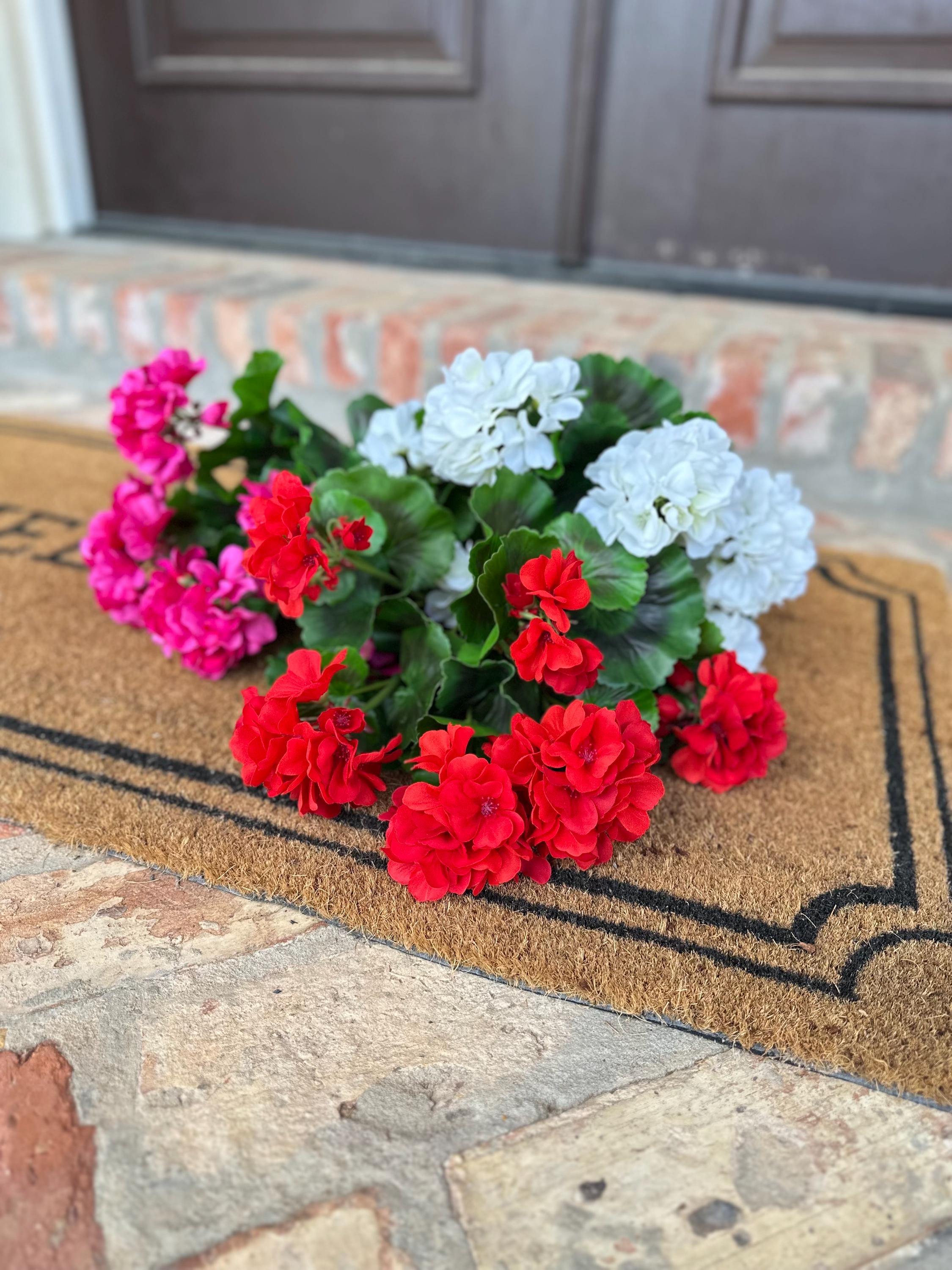 UV Faux Geranium Bush & Stem | Outdoor Artificial Geranium Flowers for Planters, Front Porch Pots & Outdoor Decor