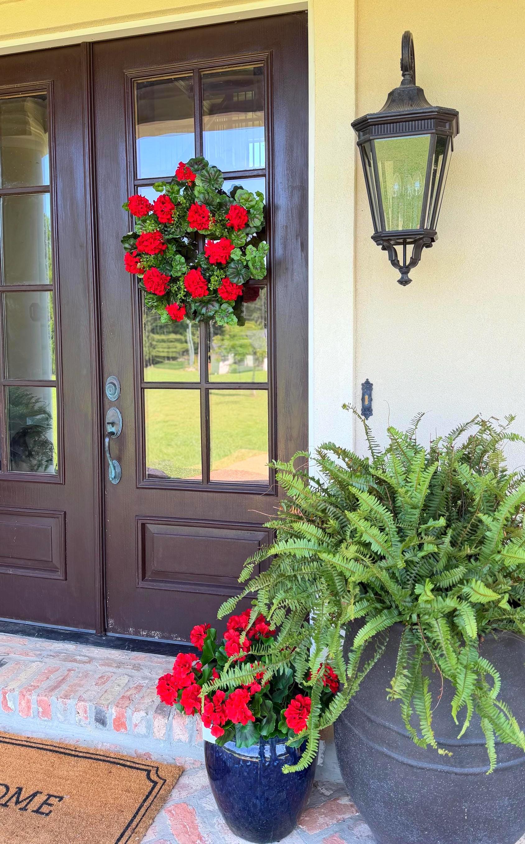 Geranium Wreath Decor for Front Door Summer Wreath 4th of July Wreath Faux Wreath Red Geranium Wreath Spring Wreath Mothers Day Gift