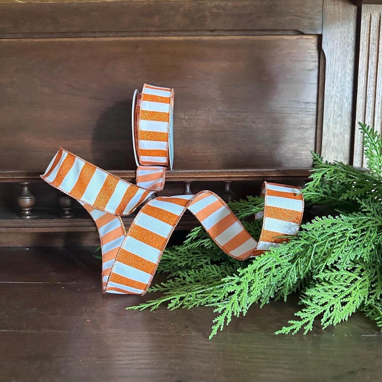 Orange White Glitter Stripe Ribbon Wired Edge Game Day Football Halloween Fall Ribbon Wreath Bow Making Ribbon 10 Yard Roll