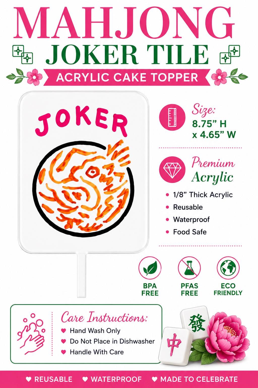 Mahjong Joker Tile Acrylic Cake Topper Mahjong Party Decor Mahjong Birthday Cake Topper Mahjong Queen Party Reusable Acrylic Topper